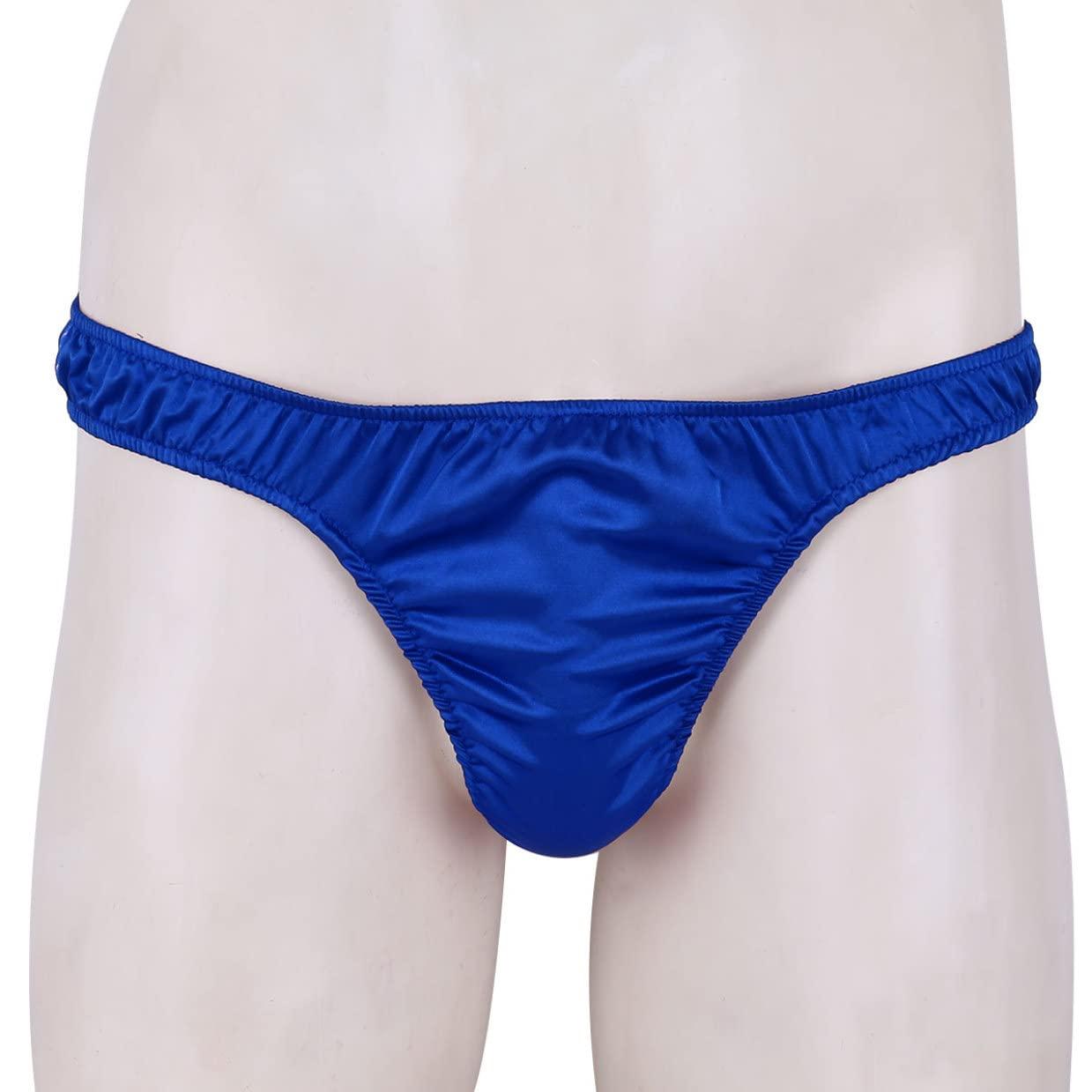QinCiao QinCiao Mens Silky Shiny Satin Ruffled Sissy Bikini Thongs Crossdress Underwear Panties Blue Large