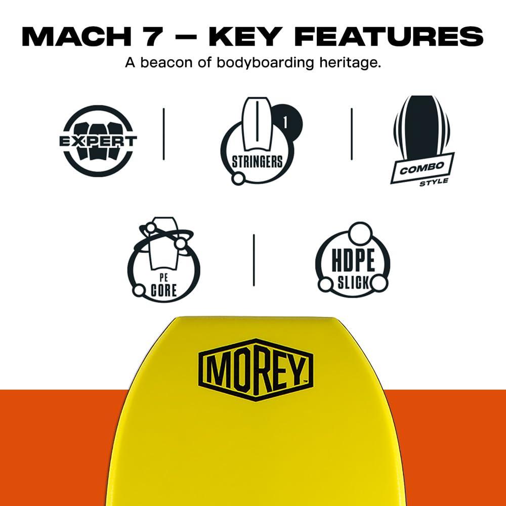 Morey Morey Mach 7 Bodyboard - PE Core, TC8 Deck, HDPE Slick, Single Power Rod Stringer, Crescent Tail, with Channels for Bodyboarding Surfing Waves Ocean Summer Fun Beach (42")