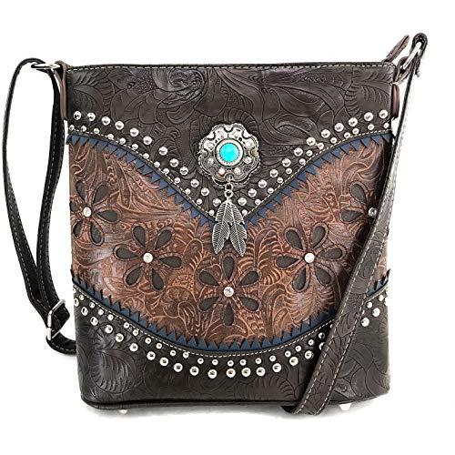 Zelris Zelris Floral Western Pu Tooled Leather Turquoise Concho Feathers Women Concealed Carry Crossbody Messenger Bag (Brown)