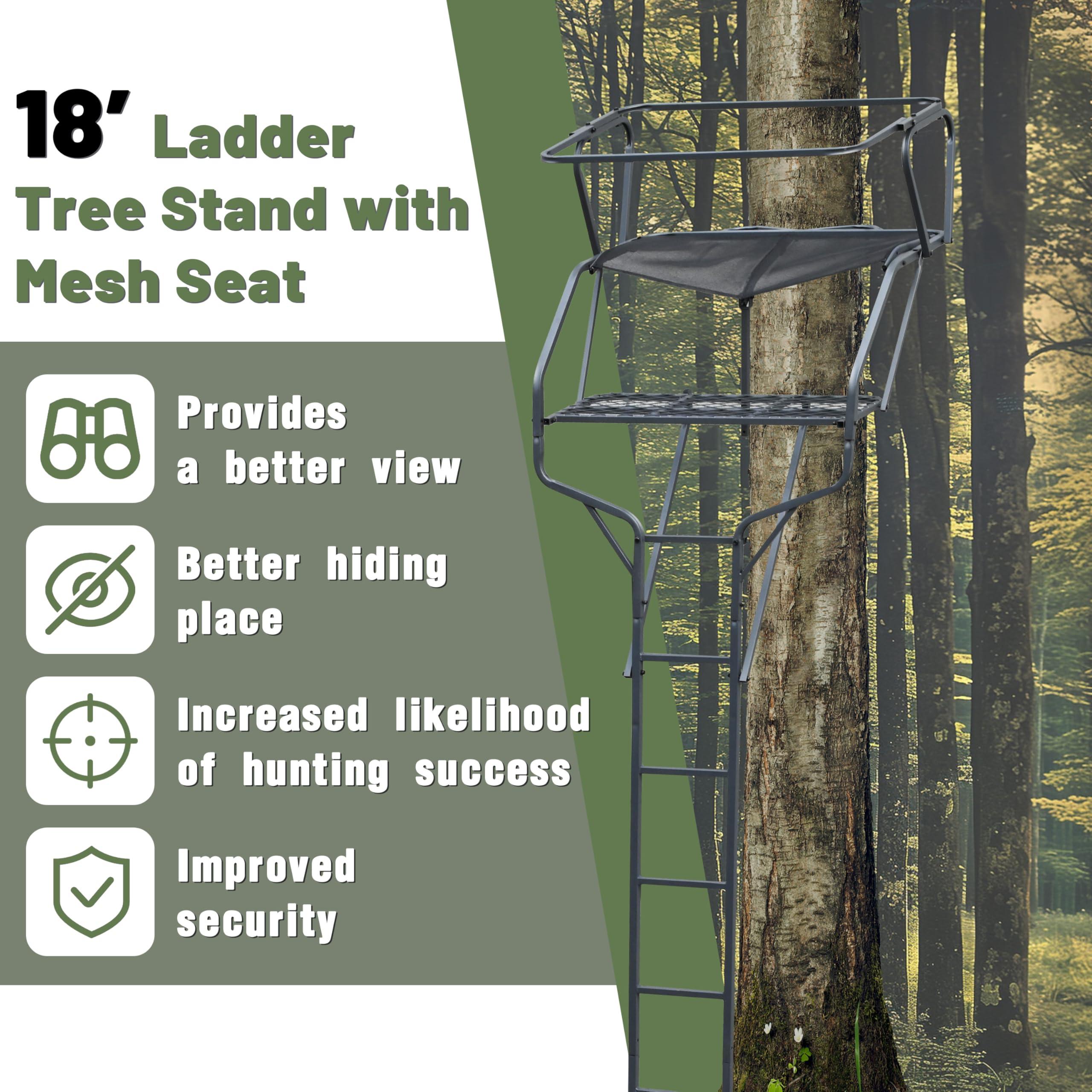KUAFU KUAFU 18' 2-Man Ladder Tree Stand Climbing Tree Stand for Deer Hunting Elevated Climbing Seat Hunting Gear Equipment Accessories, 500 lb Weight Capacity