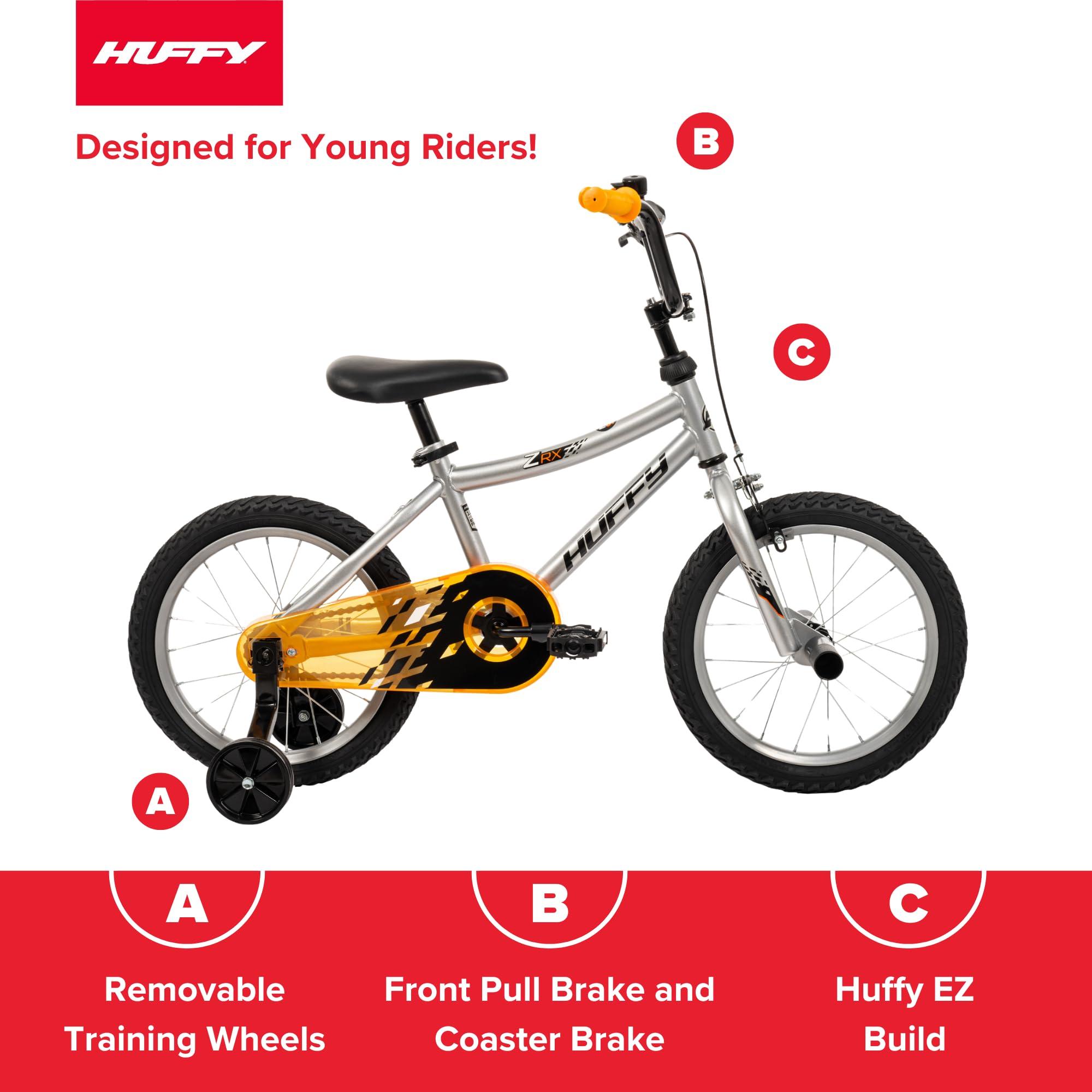 Huffy Huffy ZRX 16\" Kids Bike, Ideal for Ages 3 to 5 Years Old, Front Pegs, BMX Style Handlebar, Quick Connect Assembly, Designed for Growth, Durable Steel Frame, Enclosed Chain Guard, Silver