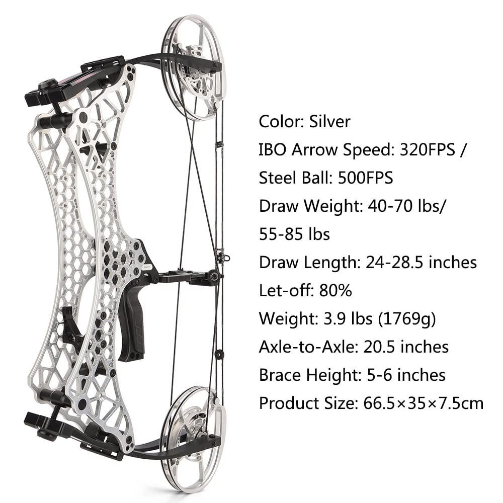 ZSHJGJR ZSHJGJR Archery Steel Ball Compound Bow 24"-28.5" Draw Length Compound Bow for Adult Outdoor Hunting Fishing Left and Right Hands (Silver)