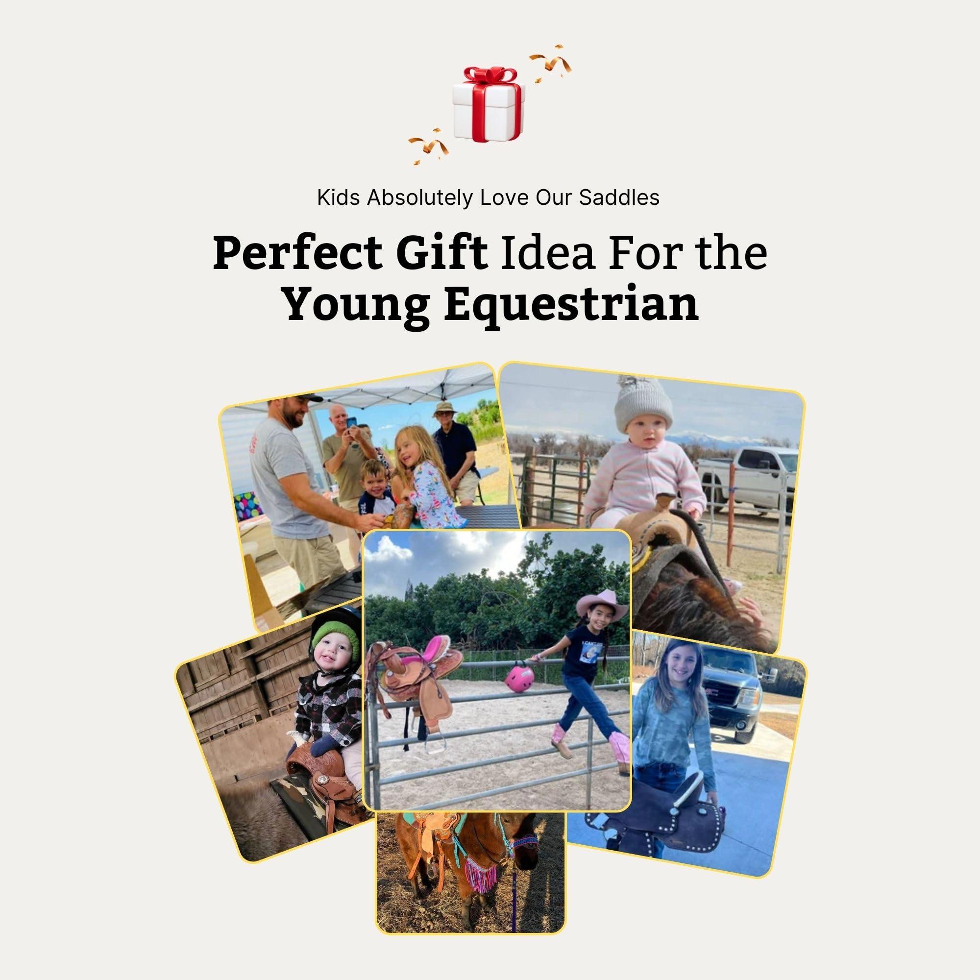 RESISTANCE RESISTANCE Western Kids Horse Barrel Saddle for Horse Riding, Western Youth Child Genuine Leather Saddle Floral Tooled Trail Saddle with Silver Conchos (Purple, 10")