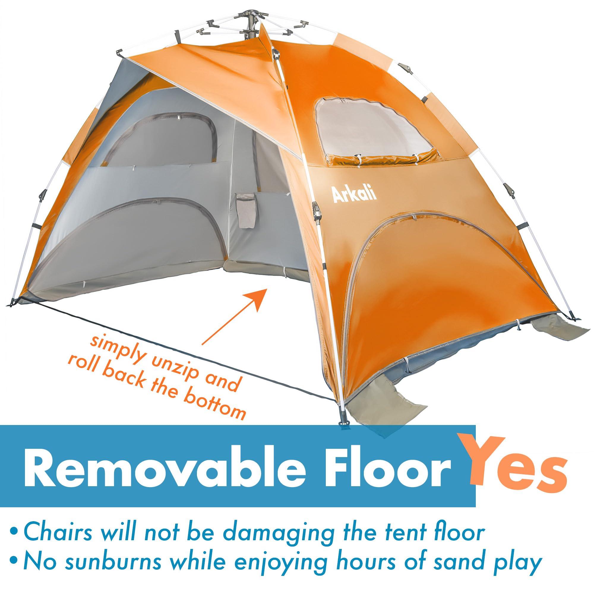 Arkali Arkali Beach Sun Shade Pop Up, Easy Pop Up Sun Shelter, Removable Floor Instant Beach Tent, UPF 50+, Size XL for Family 3 to 4 People, Orange