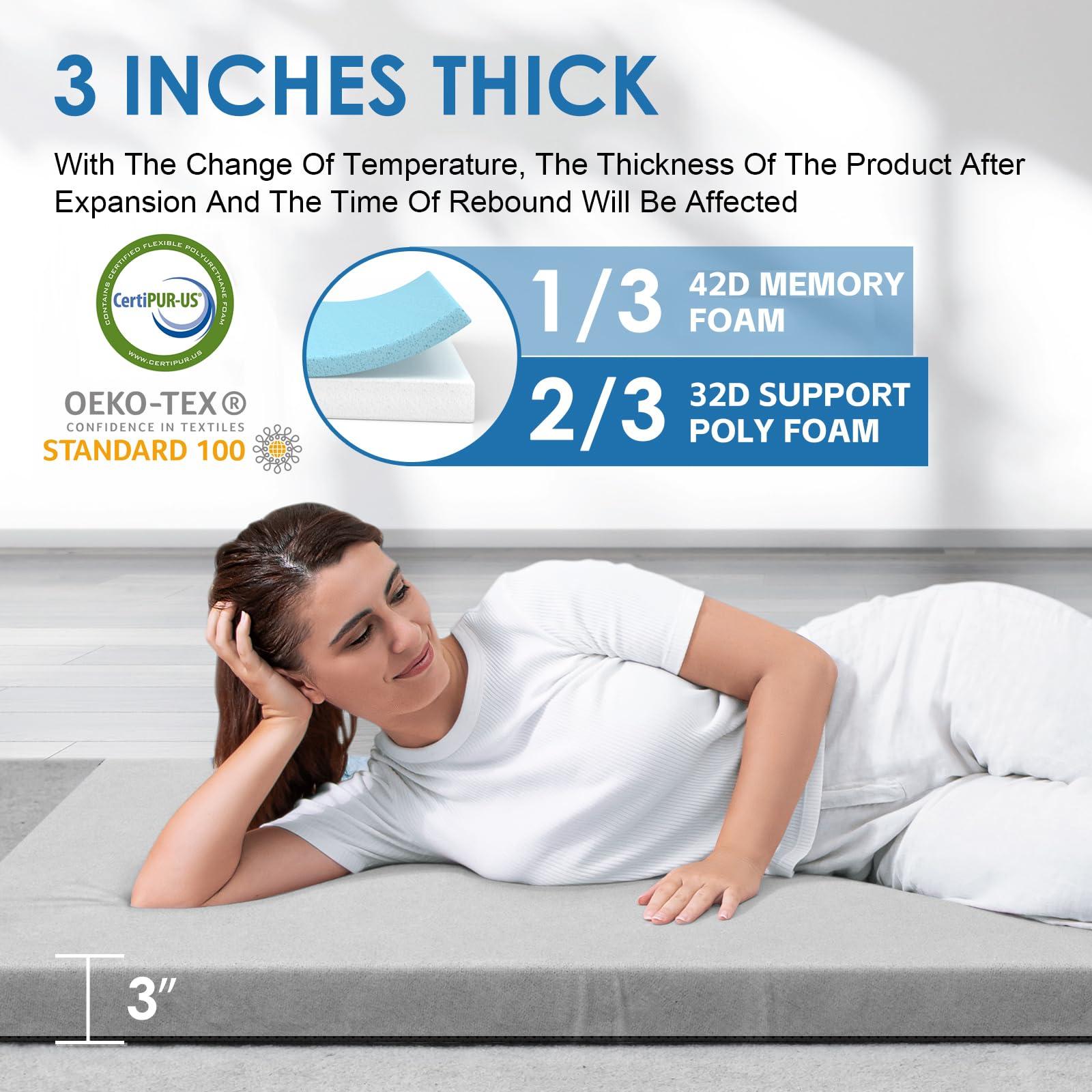 KingChii KingChii CertiPUR-US Memory Foam Camping Mattress, Portable Roll Up Travel Car Camping Mattress Sleeping Pad & Floor Mattress, Cot Mattress Guest Bed for Sleepover with Waterproof Cover & Travel Bag