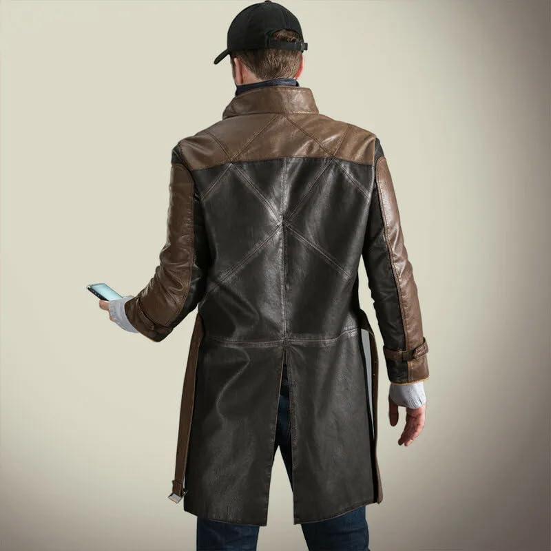 Epic Outfit Watch Dogs Aiden Pearce Cosplay Coat - Men's Brown Real/Faux Leather Long Trench Overcoat (Real Leather, S)
