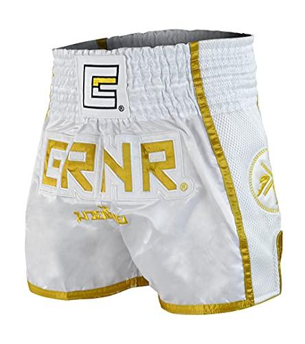 Combat Corner CRNR Muay Thai Shorts | Kickboxing Thai Boxing MMA Training Competition Athletic Shorts | White/Gold | Youth Small