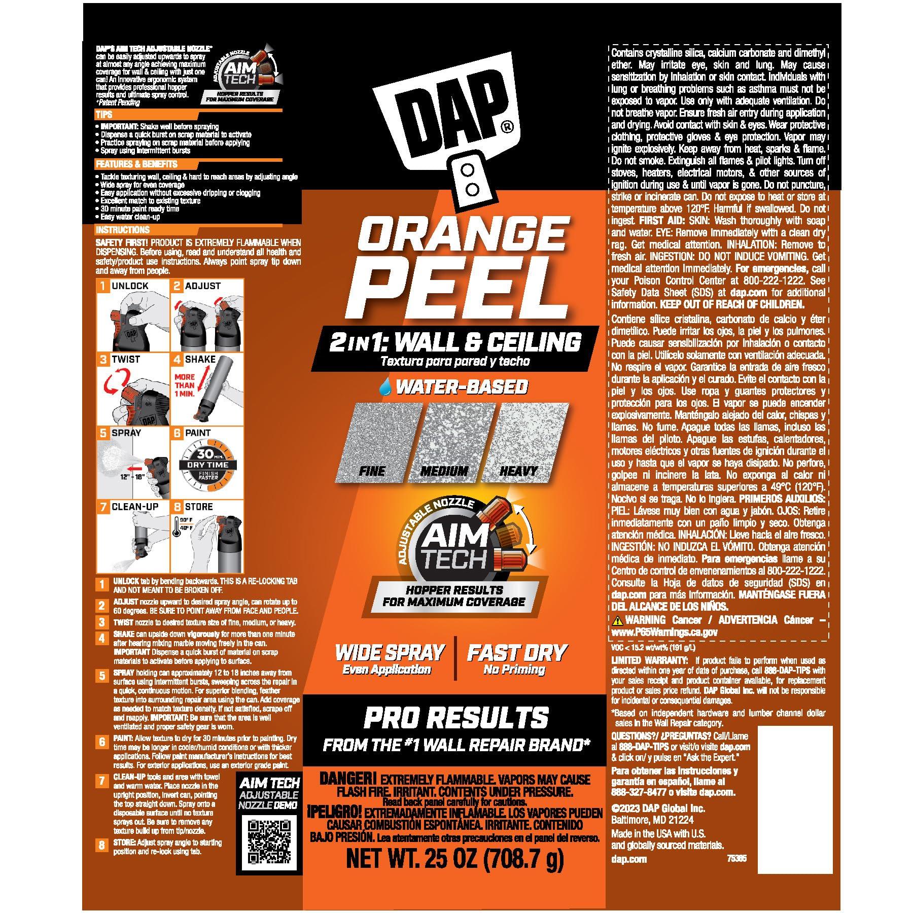 DAP DAP Spray Texture Orange Peel Water Based 2n1 Wall & Ceiling Texture Spray with Aim Tech Nozzle, White, 25 Oz (7079850005)