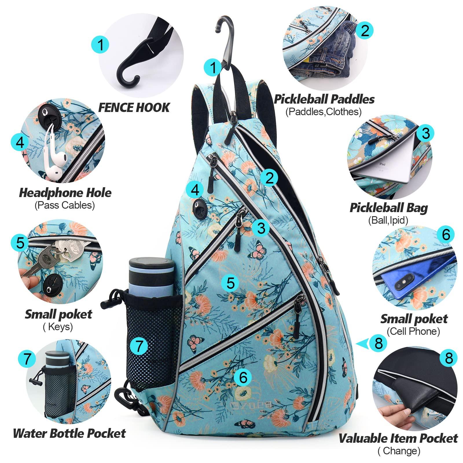 ZOEA ZOEA Pickleball Bag, Sport Pickleball Sling Bag for Women Man, Adjustable Pickleball Backpack with Fence Hook Water Bottle Holder, Fits 4 Paddles and All Your Other Gear (Flower Blue)