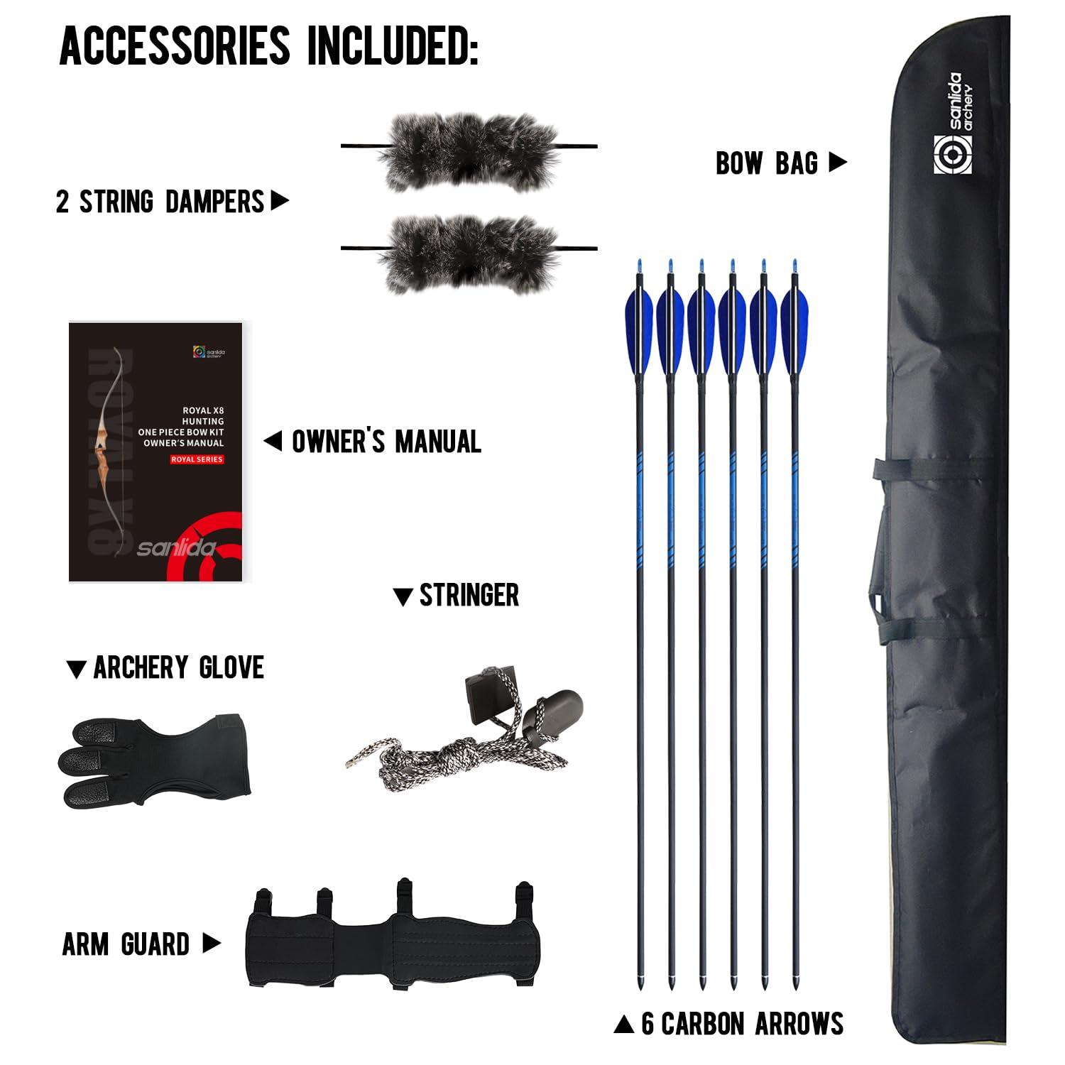 sanlida Sanlida Archery 60 Royal X8 One-Piece Bow Traditional Wooden Hunting Bow Handmade Hunting Bow and Arrows Kit for Adults & Traditional Archers, RH Only (55lbs, Right Hand)