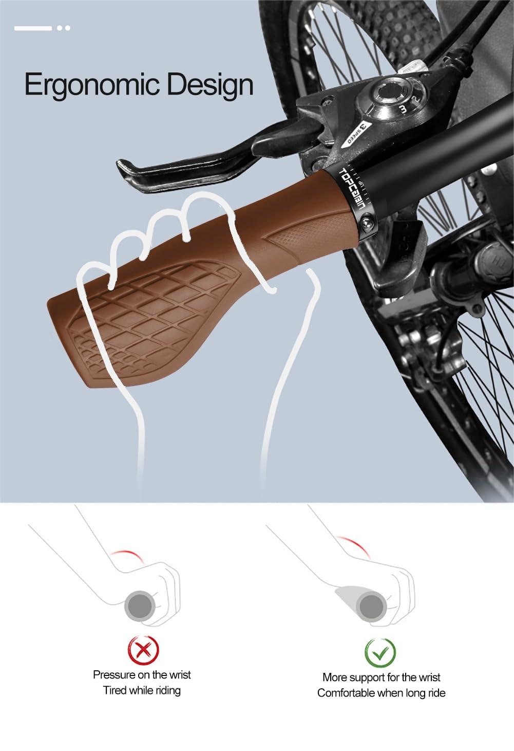TOPCABIN TOPCABIN Bicycles Handlebar Grips, Aluminum Lock-on Ergonomic Bike Grips, Cushion Vibrations Comfort Bike Handlebar Grips, Mountain MTB BMX Bicycles Grips for Scooter (Ergonomic Rubber(Brown))