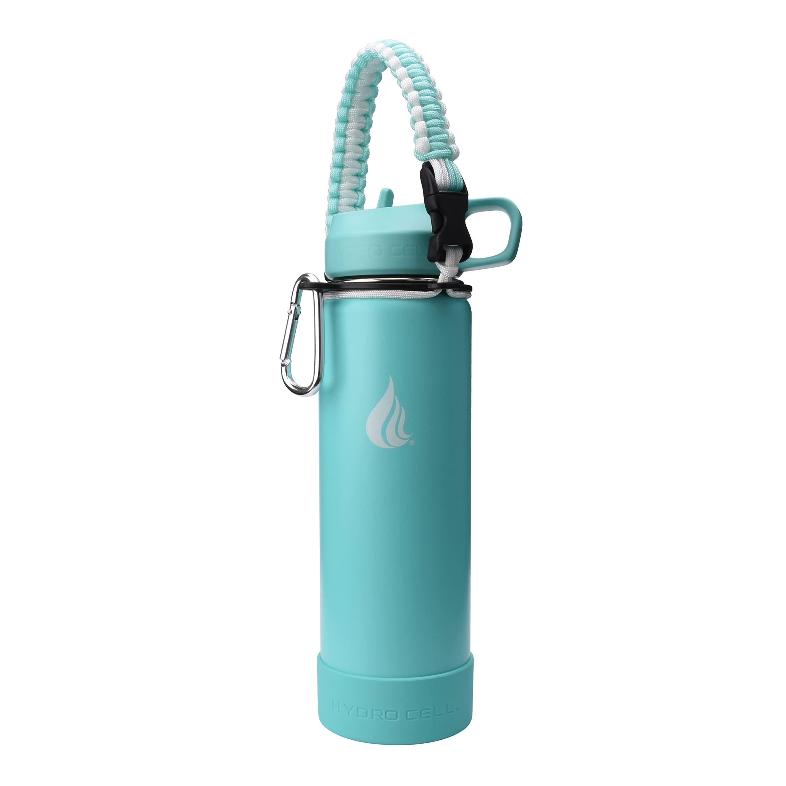 HYDRO CELL HYDRO CELL Stainless Steel Water Bottle w/Straw & Wide Mouth Lids (Teal 24oz with Teal Protective Silicone Bottom Boot, Teal/White Paracord Handle and Teal Sports Cap w/Straw)
