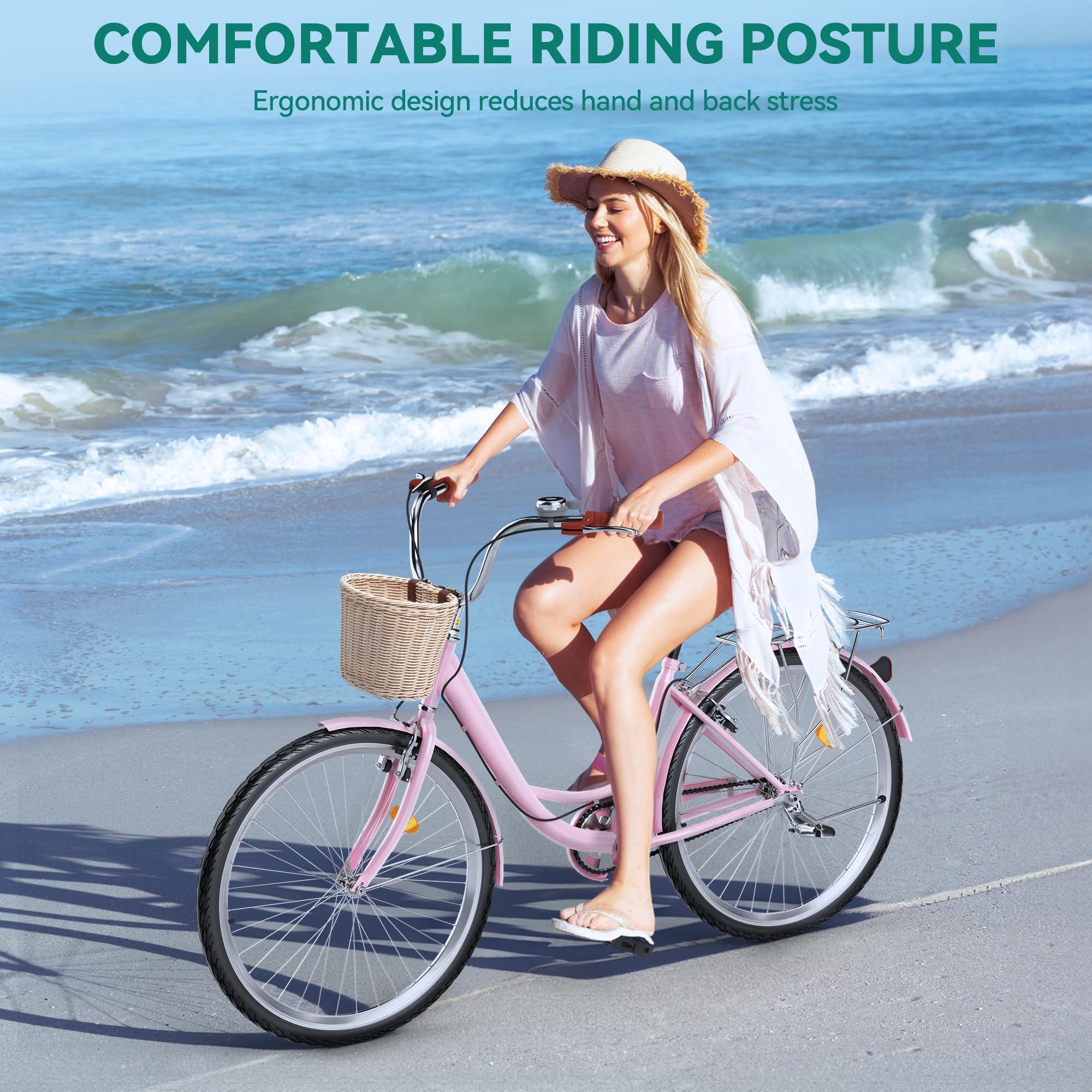 YITAHOME YITAHOME 24 Inch Beach Cruiser Bike for Women, 1 Speed Commute Bicycle for Adults, Women Bike with Adjustable Seat & Basket, Multiple Color