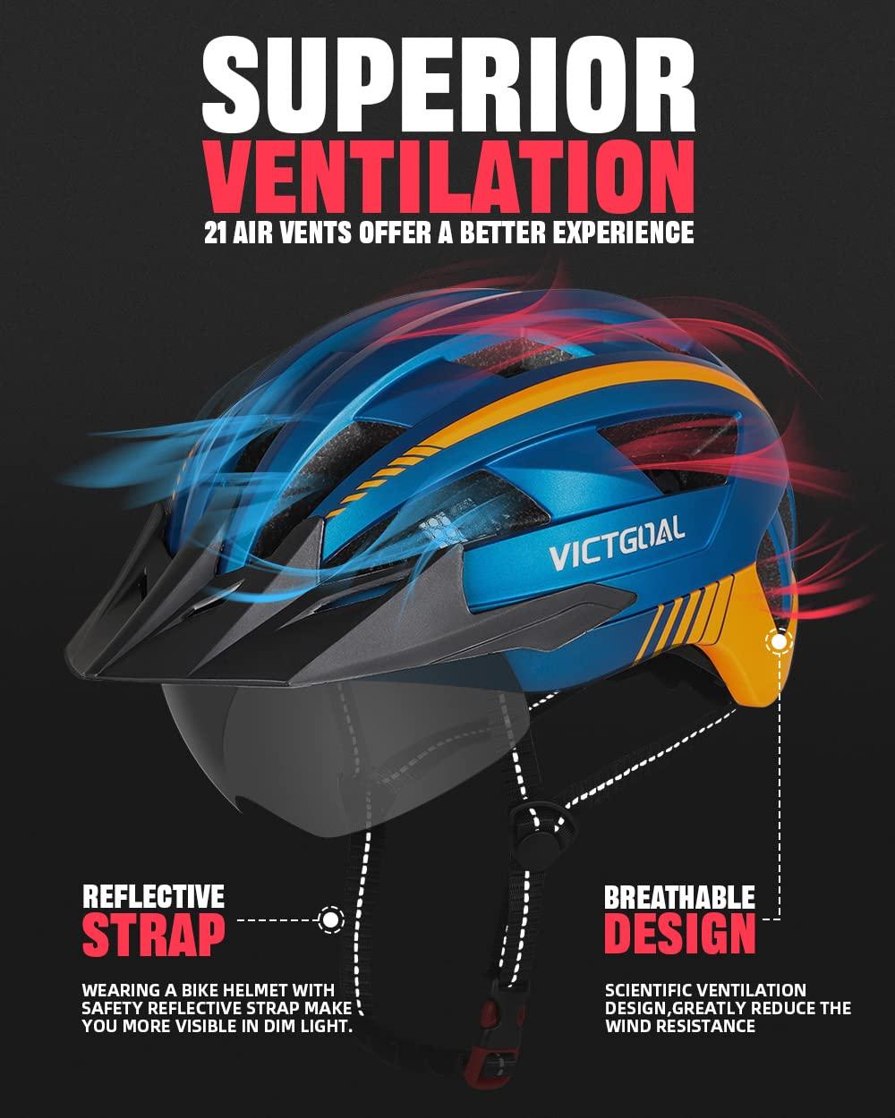 VICTGOAL VICTGOAL Bike Helmet with USB Rechargeable Rear Light Detachable Magnetic Goggles Removable Sun Visor Mountain & Road Bicycle Helmets for Men Women Adult Cycling Helmets (L: 57-61 cm, Blue)