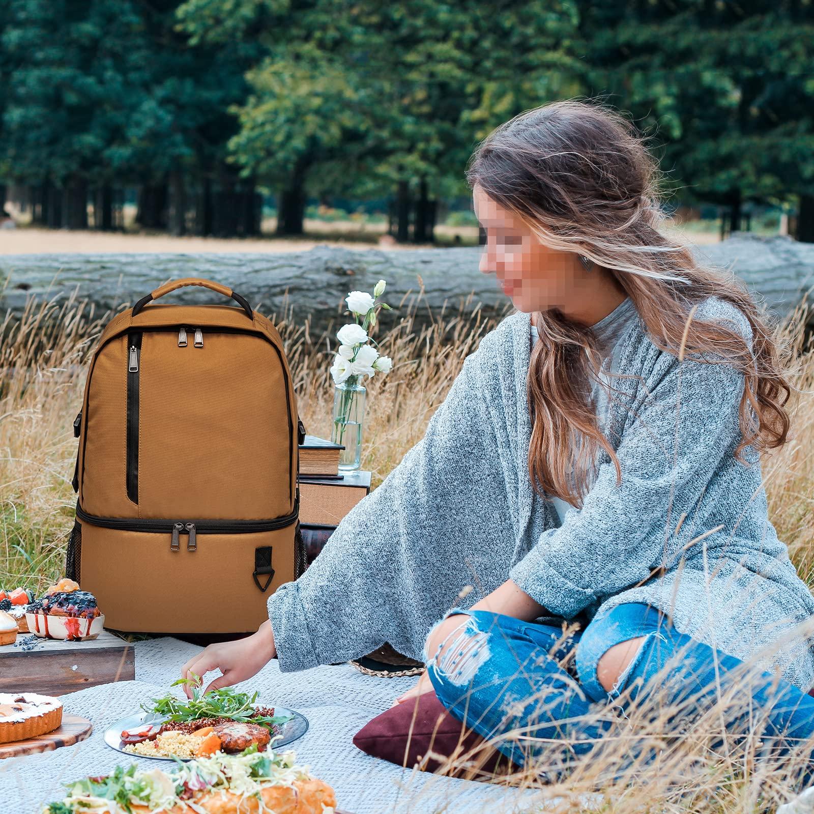 TUGUAN TUGUAN Insulated Cooler Backpack 38/42 Cans Double Deck Leakproof Lightweight Soft Lunch Backpack Small Cooler Bag Beach Picnic, Brown
