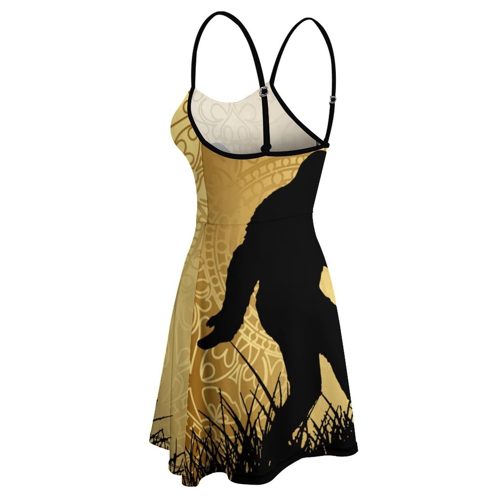 TUBIAZICOL Bigfoot Sasquatch Golden Moon Women\'s Spaghetti Strap Mini Dress Summer Printed Sleeveless