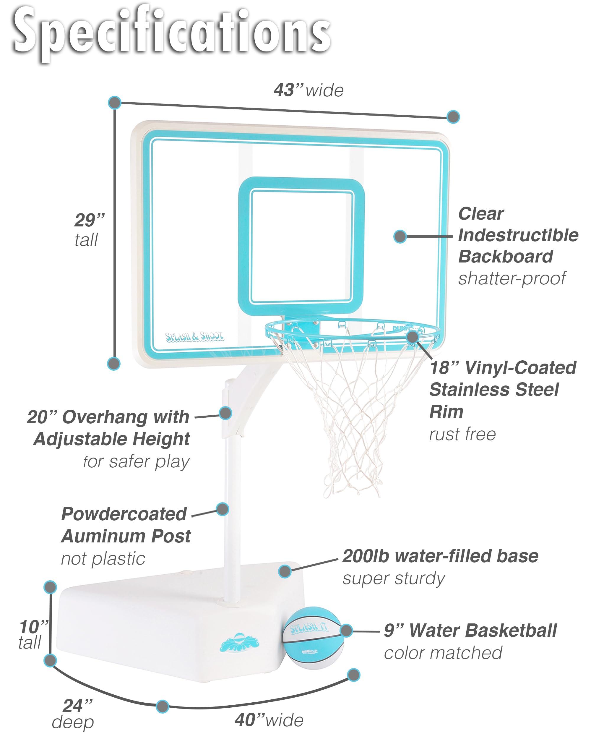 DUNNRITE Dunn-Rite Splash & Shoot Outdoor Adjustable Height Swimming Pool Basketball Hoop w/Ball, Base, & 18 Inch Stainless Steel Rim, Made in USA, Clear