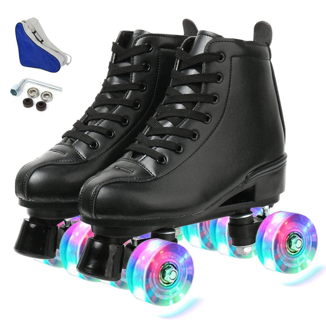 XUDREZ XUDREZ Classic Roller Skates High-Top Double-Row Leather Roller Skates for Women and Men (Black Flash Wheel,8.5)