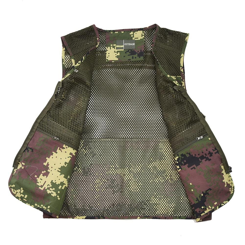 Ziker Ziker Men's Mesh Breathable Openwork Camouflage Journalist Photographer Fishing Vest Waistcoat Jacket Coat (US, Alpha, Large, Regular, Regular, Green-Camouflage)