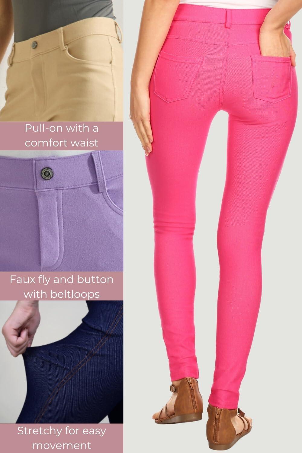 ICONOFLASH Women's 5 Pocket Stretchy Jeggings Pull On Skinny Fit Comfortable Jean Leggings Fuchsia Pink Size Small