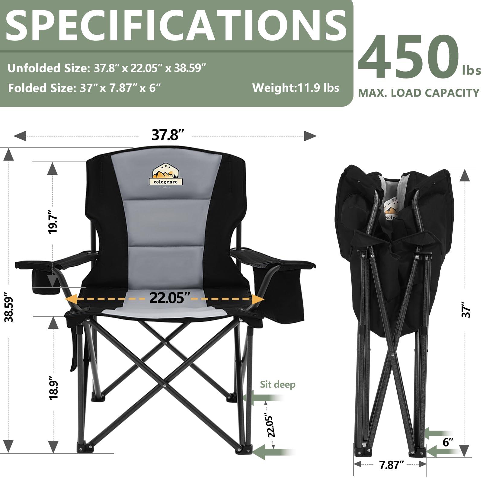 Colegence Colegence Oversized Folding Camping Chairs - 450 LBS Support Heavy Duty Camp Chair with Padded Cushion, Portable Outside Chairs with Carry BagCooler, Cup Holder for Outdoor, Lawn, Sports - Black