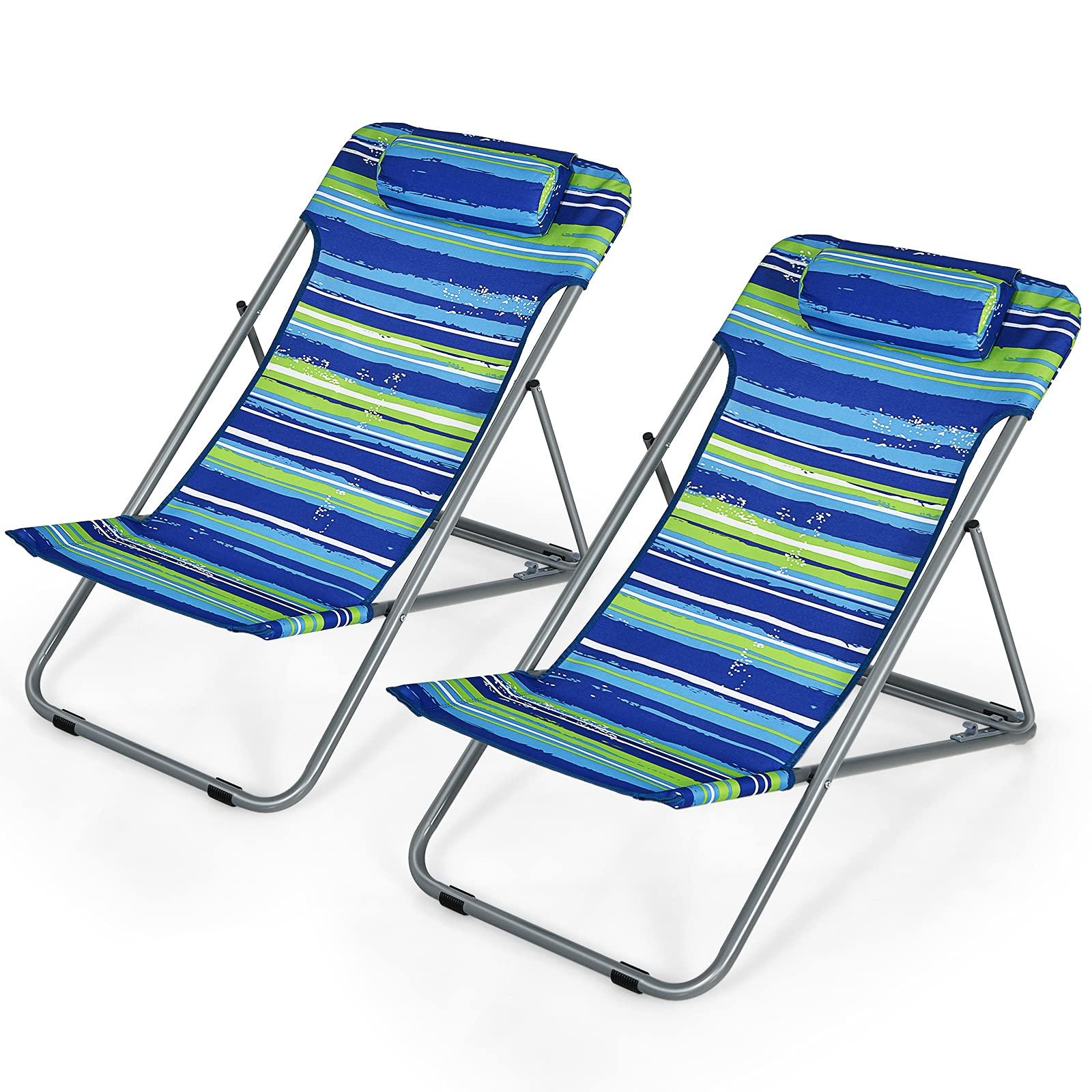 Giantex Giantex Beach Chair for Adults Camping Chair Set, Sunbathing Backpack Folding Recliner with 3 Adjustable Position, Lockable System, Headrest, Non-Slip Foot Pads, Lightweight Sand Chair (2, Blue)