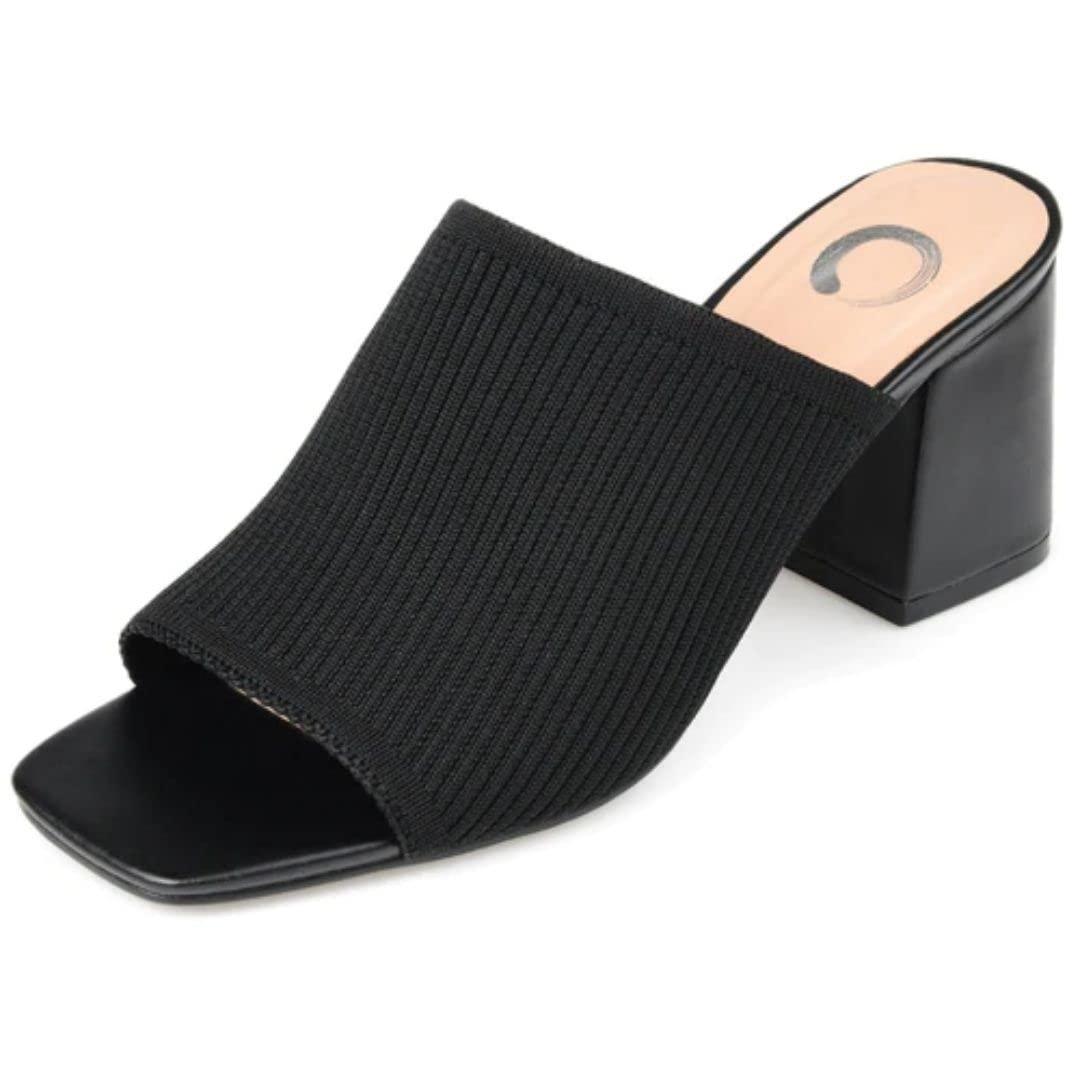 Journee Collection Journee Collection Square Open Toe Chunky Block Heel Knit Slip-On Pump for Women - Lorenna Heeled Fashion Mule - 9 W - Black