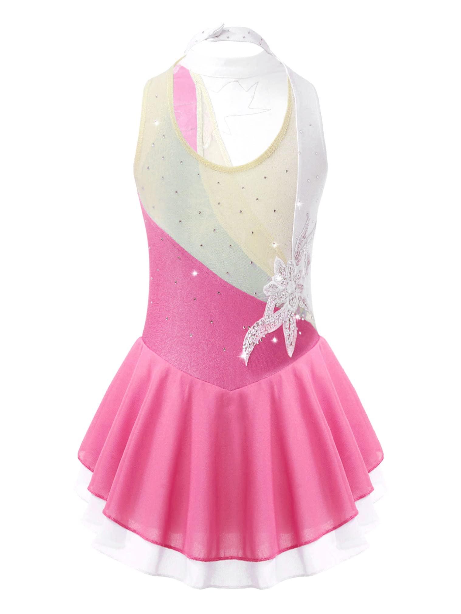 JEATHA JEATHA Kids Girls Shiny Rhinestone Ballet Costume Sleeveless Splice Ice Skating Skirt Gymnastic Leotard Dress Pink A 8