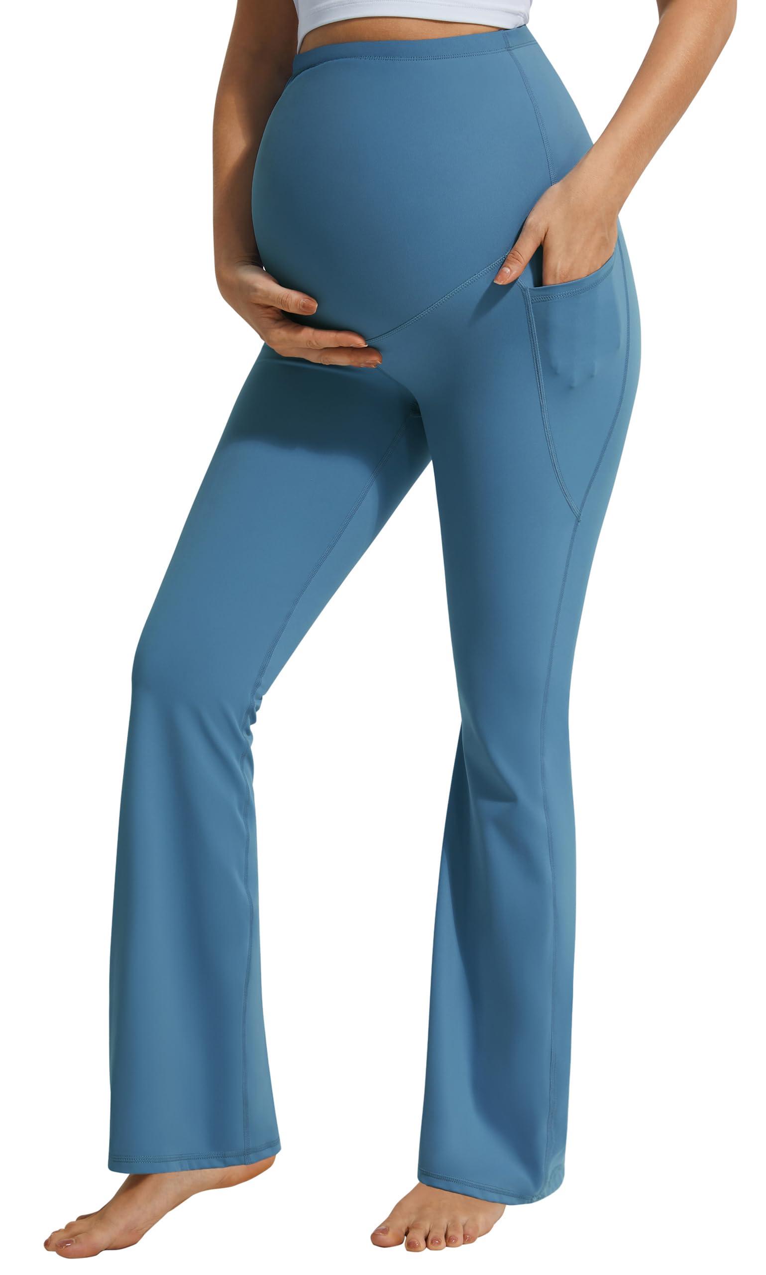 JOYSPELS JOYSPELS Smooth Feeling Flare Maternity Leggings Over The Belly with Pockets Soft Bootcut Pregnancy Yoga Pants Blue Steel