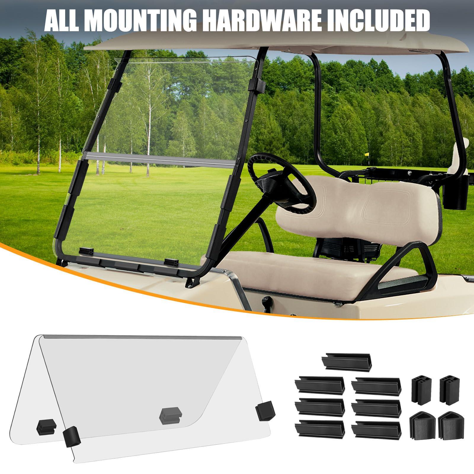 RIZINKART Golf Cart Windshield for Club Car DS Gas or Electric (2000-UP Models), Foldable Clear Impact Resistant Club Car Windshield for Golf Cart Fit 1 Inch Square Strut Window Frame (Clear)