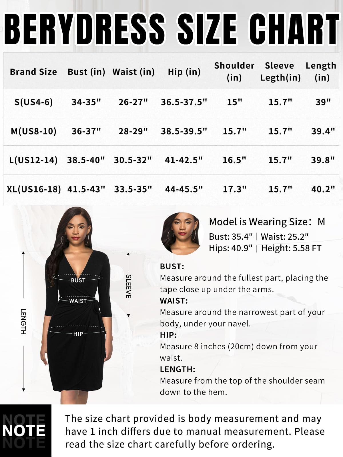 Berydress Berydress Women's Classic 3/4 Sleeve V Neck Sheath Casual Party Work Faux Black Wrap Dress (M, 6083-Black Dot)