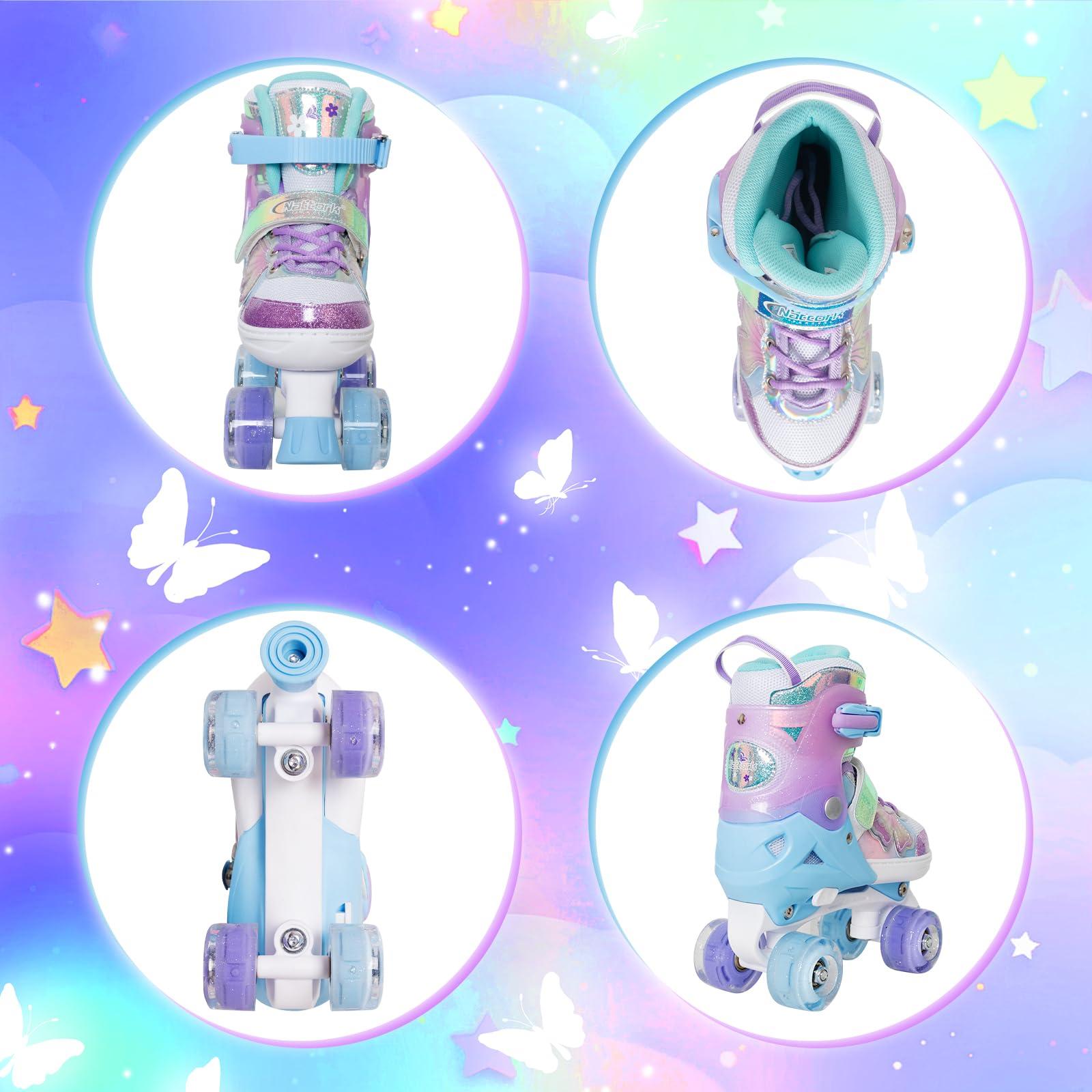 Nattork Kids Roller Skates for Girls Boys - Purple for Toddlers Age 3 4 5 - Adjustable All Light up Wheels Butterfly and Flower Indoor Outdoor Sports Birthday Gift for Son and Grandson