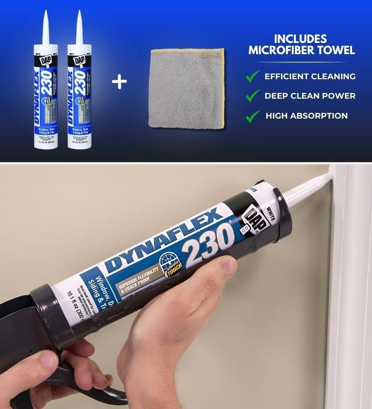 GROVE DAP Dynaflex 230 Sealant 10.1 oz Bundle with Microfiber Cloth - Waterproof - Elastomeric Caulk Sealant for Windows, Doors, and More - Indoor/Outdoor Use - White - (3 Items)