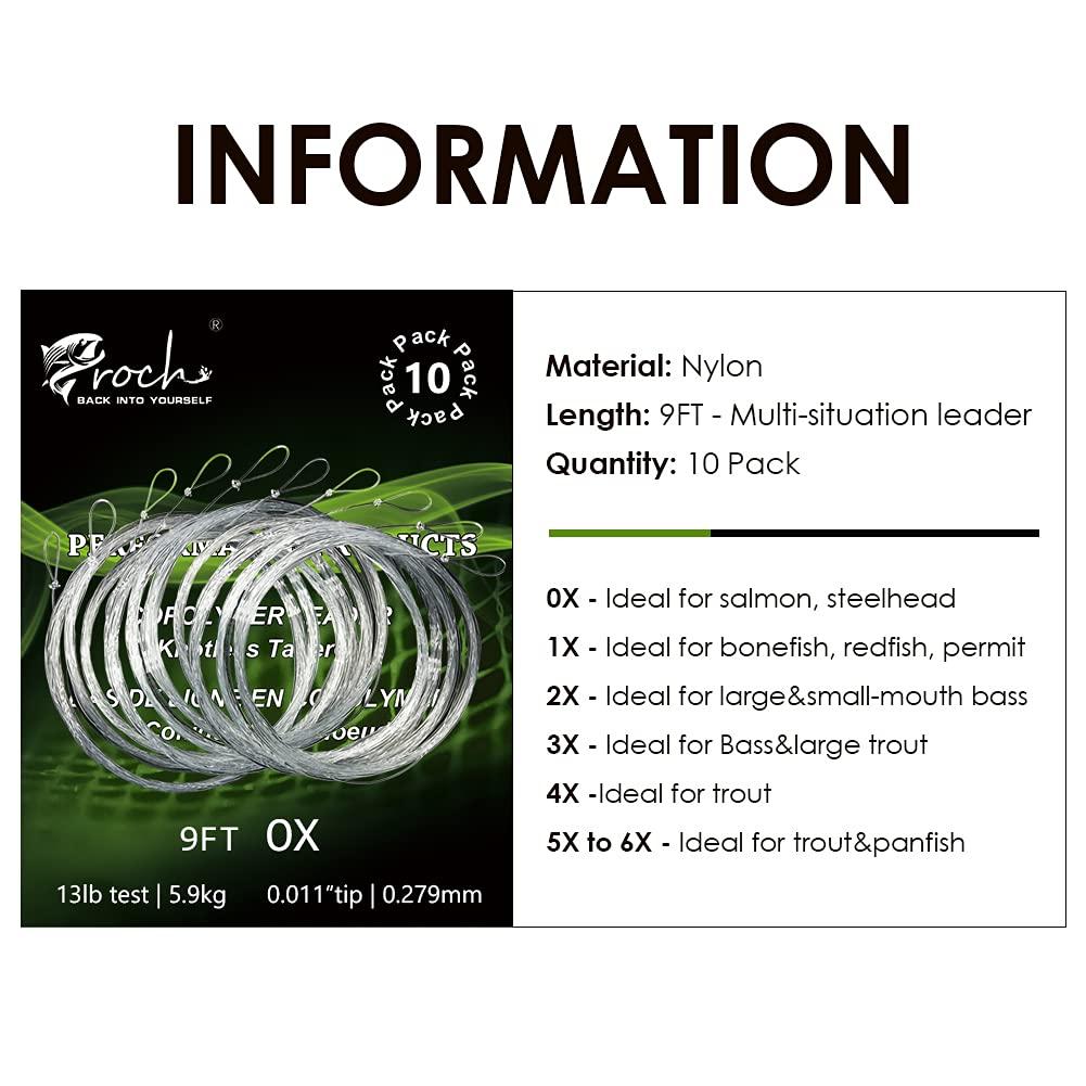 Croch Fly Fishing Tapered Leader with Pre-Tied Loop 9FT Nylon Fly Line Leader 6X (10 Pack)