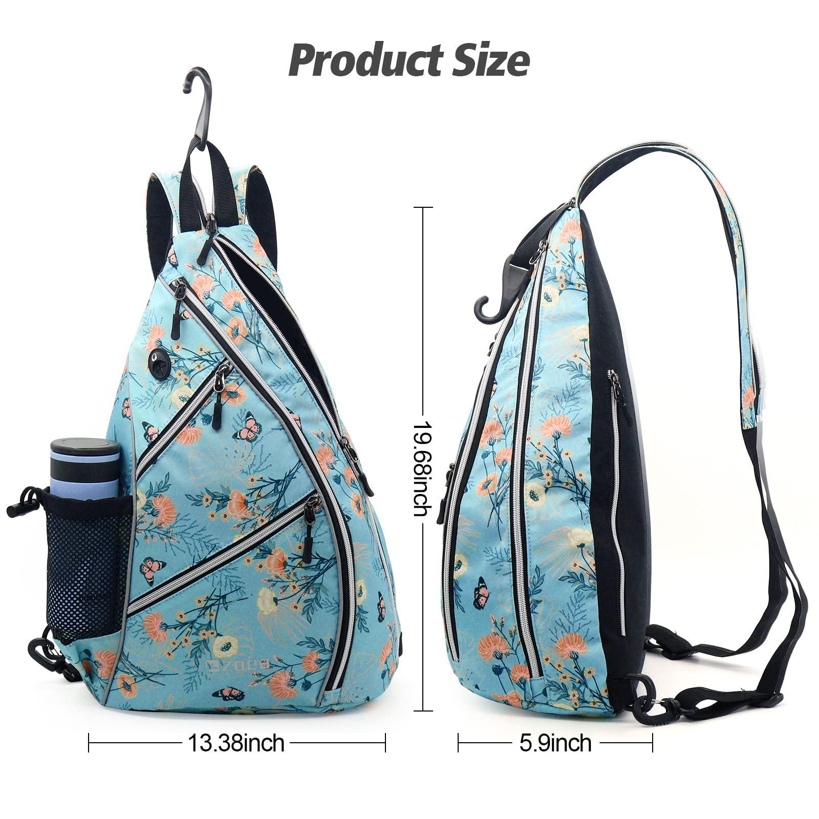 ZOEA ZOEA Pickleball Bag, Sport Pickleball Sling Bag for Women Man, Adjustable Pickleball Backpack with Fence Hook Water Bottle Holder, Fits 4 Paddles and All Your Other Gear (Flower Blue)