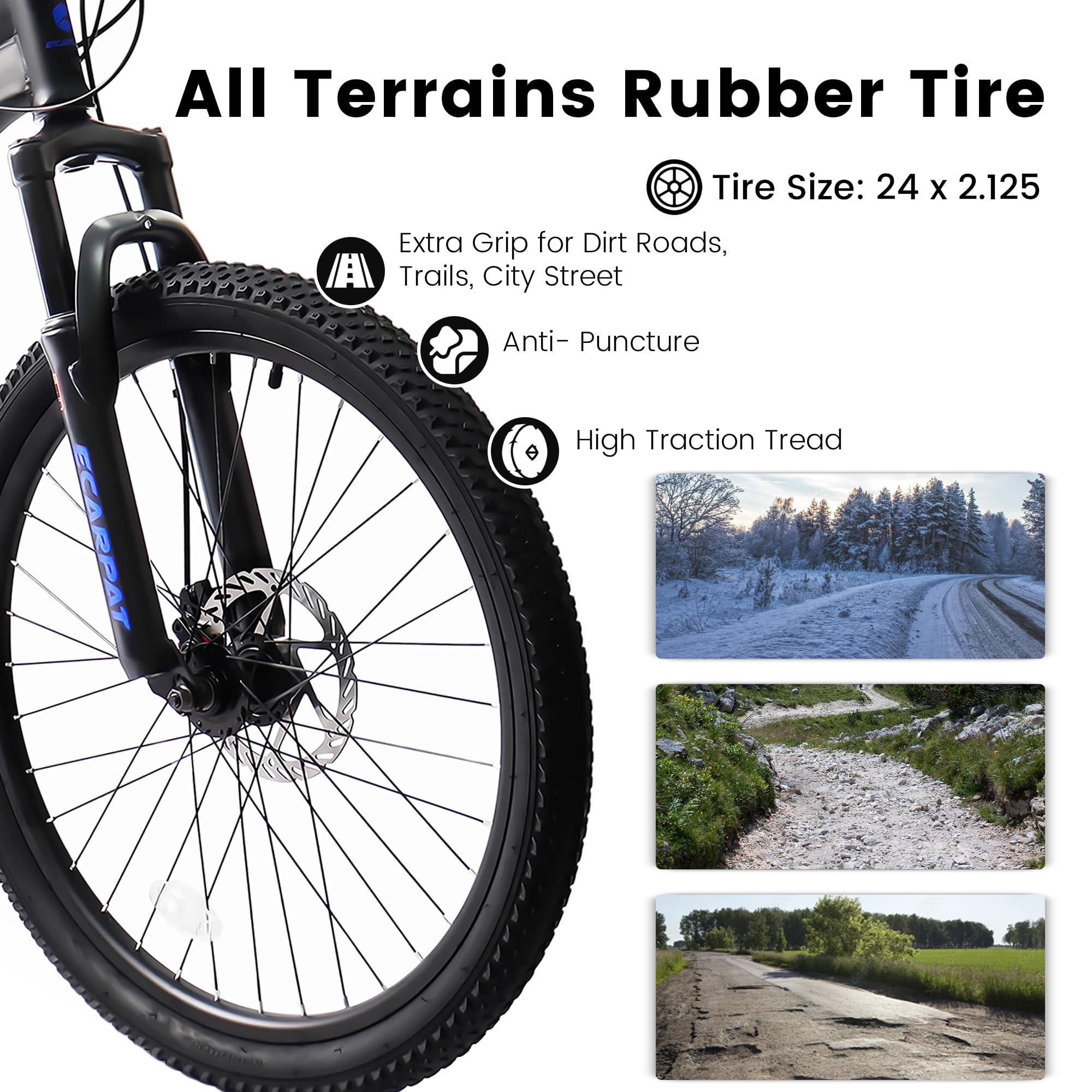 ECARPATEYE Mountain Bike 24 Inch Wheels, 21-Speed Full Suspension Trail Commuter City Mountain Bike, Carbon Steel Frame Disc Brakes Grip Shifter Front Fork Rear Shock Absorber Bicycles (Black, 24 Inch)