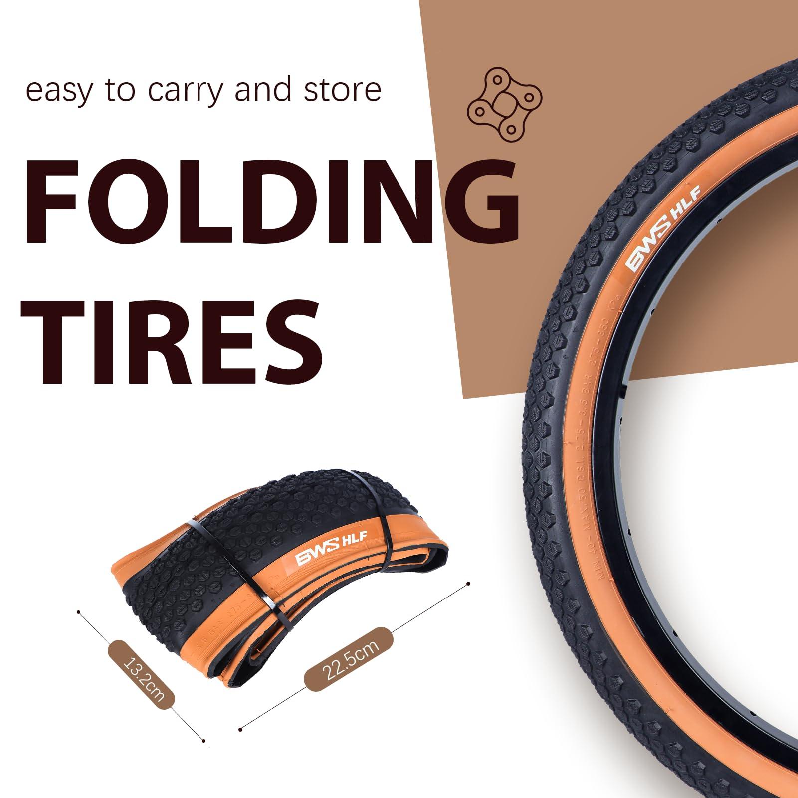 BWSHLF BWSHLF 20inch Mountain Bike Tires, 20 x 2.125 Inch, 2 Pack Replacement Black Folding MTB Bicycle Tire, Brown Sidewall