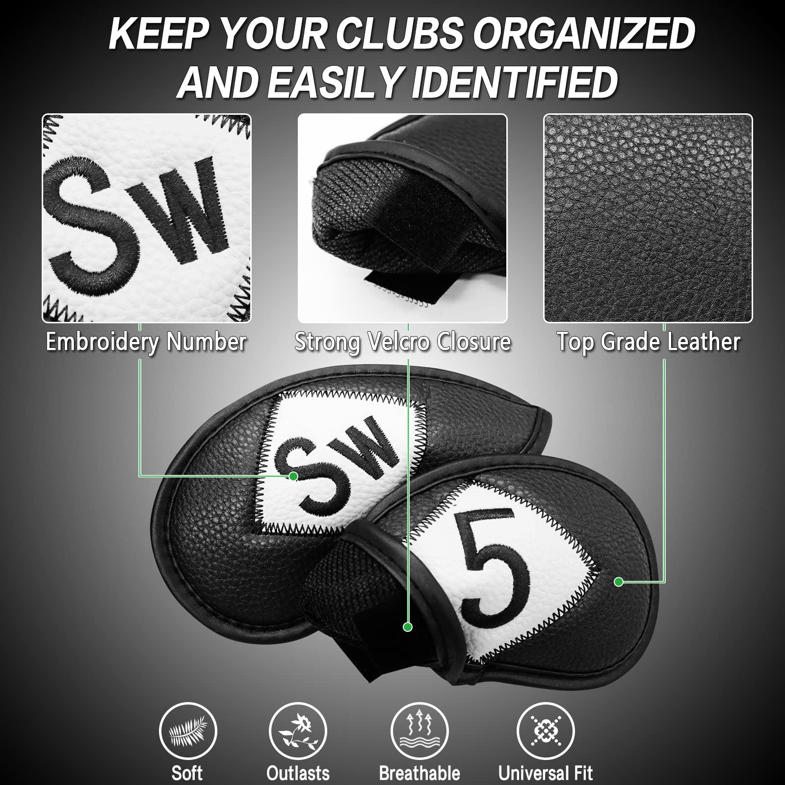 FINGER TEN FINGER TEN Golf Iron Head Covers Value 8/11/12 Piece Set, Synthetic Leather Deluxe Club Headcover, Universal Fit Main Iron Clubs Gift Set (Both Side-Black)