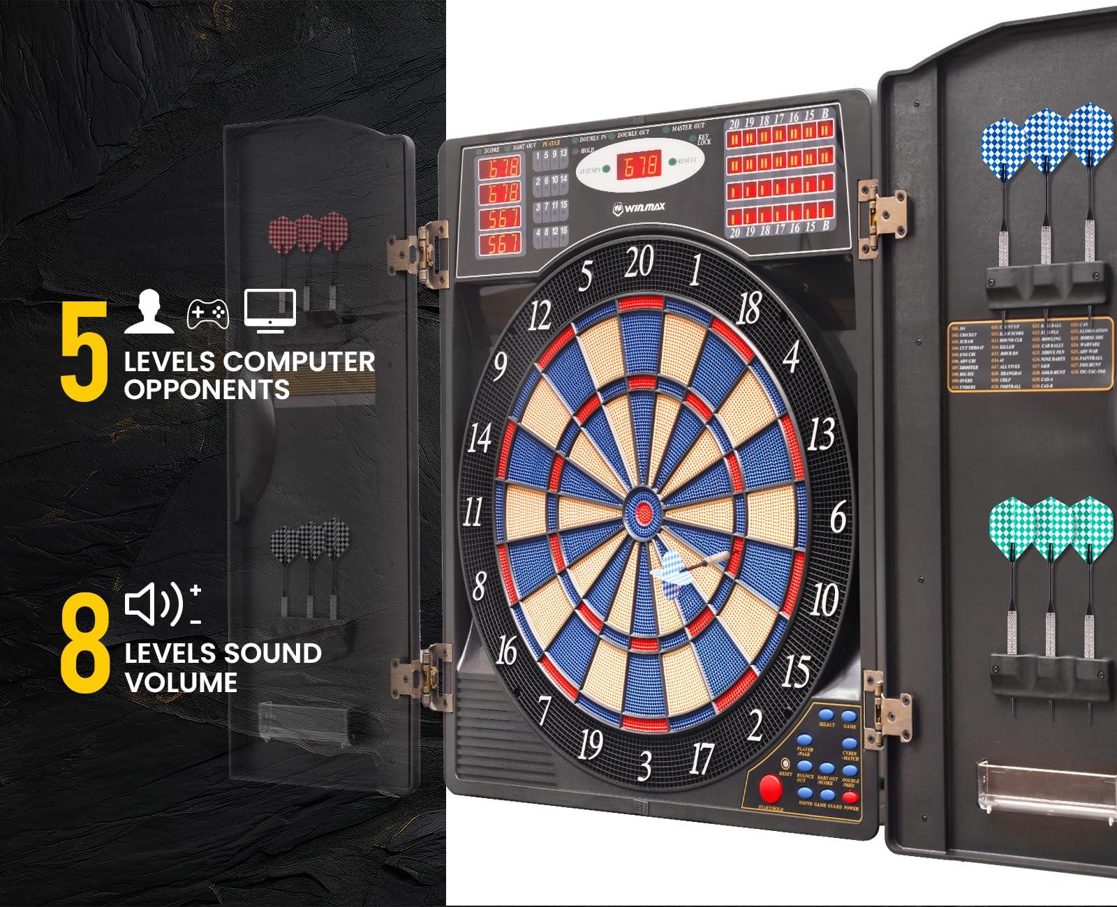 WIN.MAX WIN.MAX Electronic Dart Board Cabinet Set, LED Electric Digital Soft Tip Dart Boards for Adults with Cabinet, up to 16 Players, 38 Games and 211 Variations with 12 Soft Tip Dartboard Set (Silver)