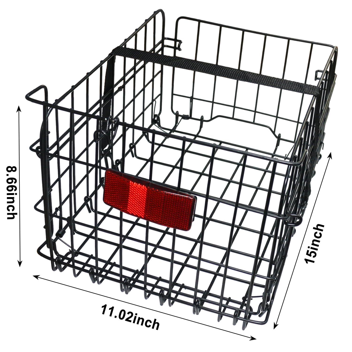 Huntoshon Folding Rear Bike Basket, Huntoshon Quickly Release Metal Bicycle Rack Cargo Basket with Strap & Reflective Tail Light for Most Mounted Bike Rack