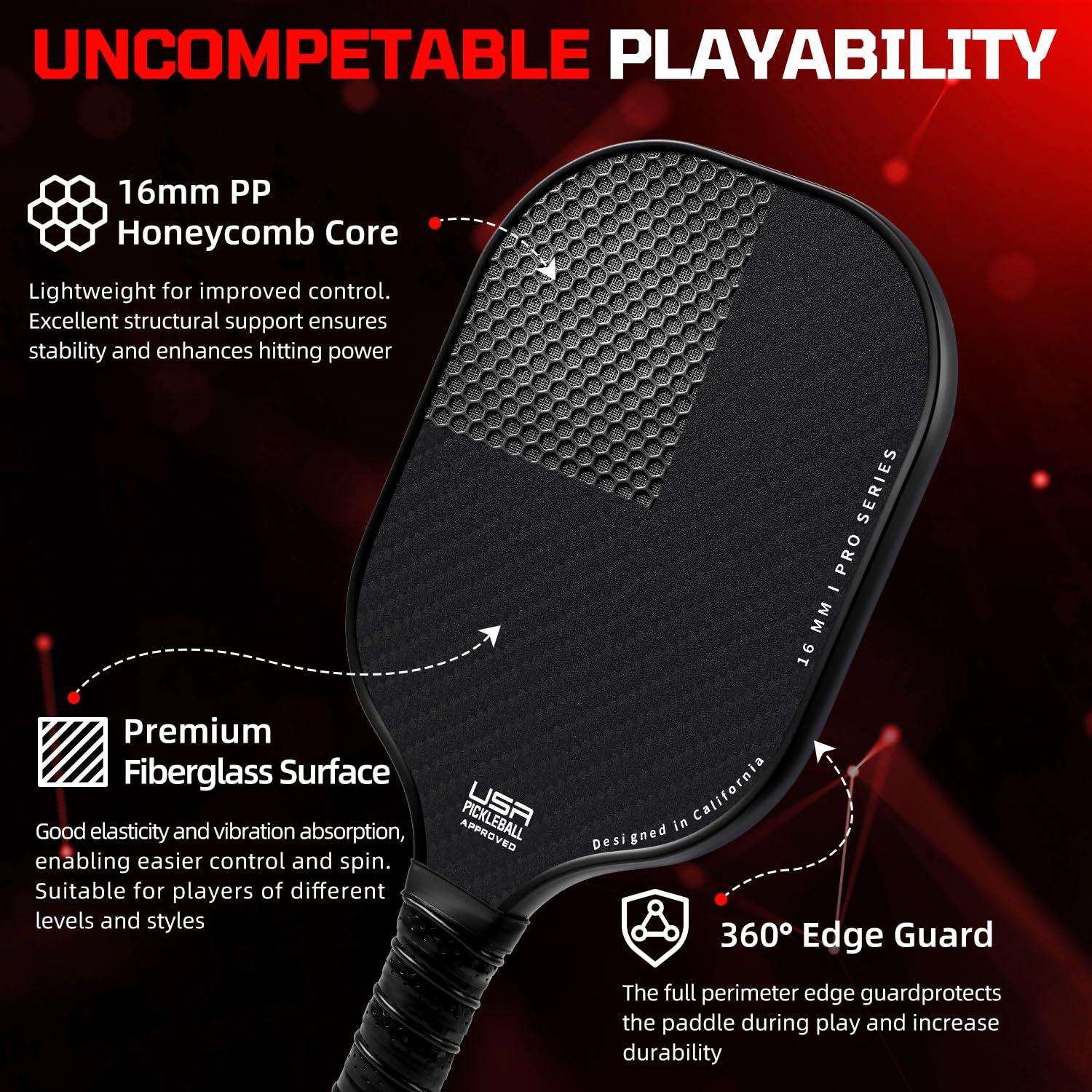 BAGAIL BAGAIL Pickleball Paddles, USAPA Approved Fiberglass Surface Pickleball Set, Lightweight Pickle Ball Rackets with 4 Balls, 1 Bag, Designed in California for Traction and Stability - 2 Pack, Black