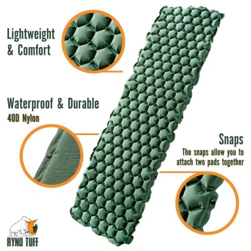 Ryno Tuff Ryno Tuff 24 x 75 in Lightweight Inflatable Camping Sleeping Pad & Camping Pillow Set - Ultralight Insulated Nylon Hiking & Backpacking Travel Gear for Adults - Waterproof Packable Floor Sleeping Mat