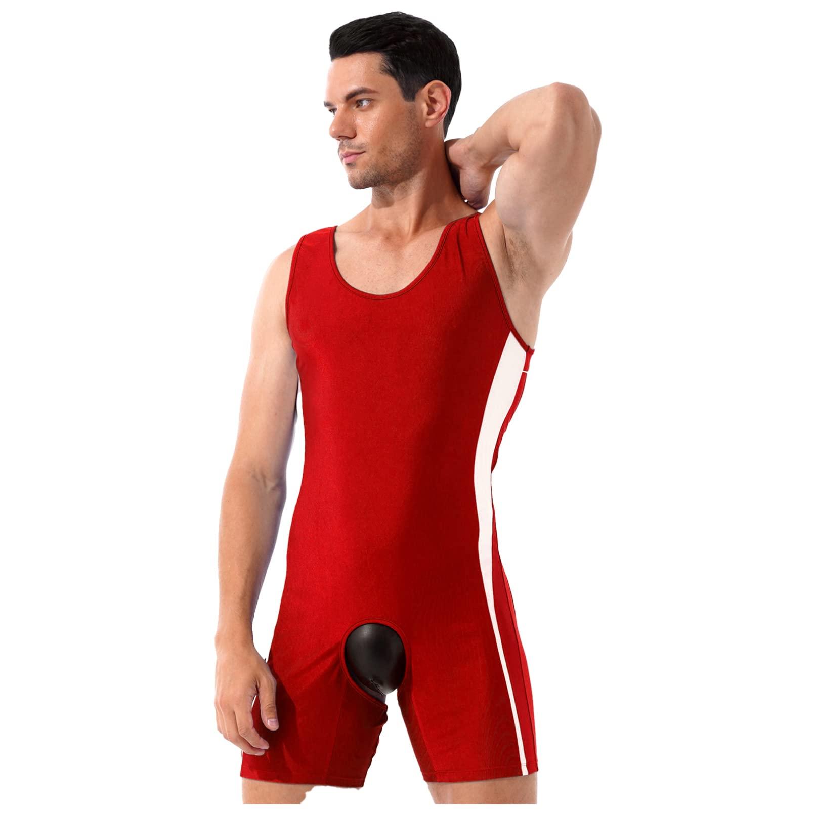Linjinx Linjinx Men\'s Spandex Slim Fit Open Crotchless Wrestling Singlets Leotard Underwear Jumpsuits Red Large