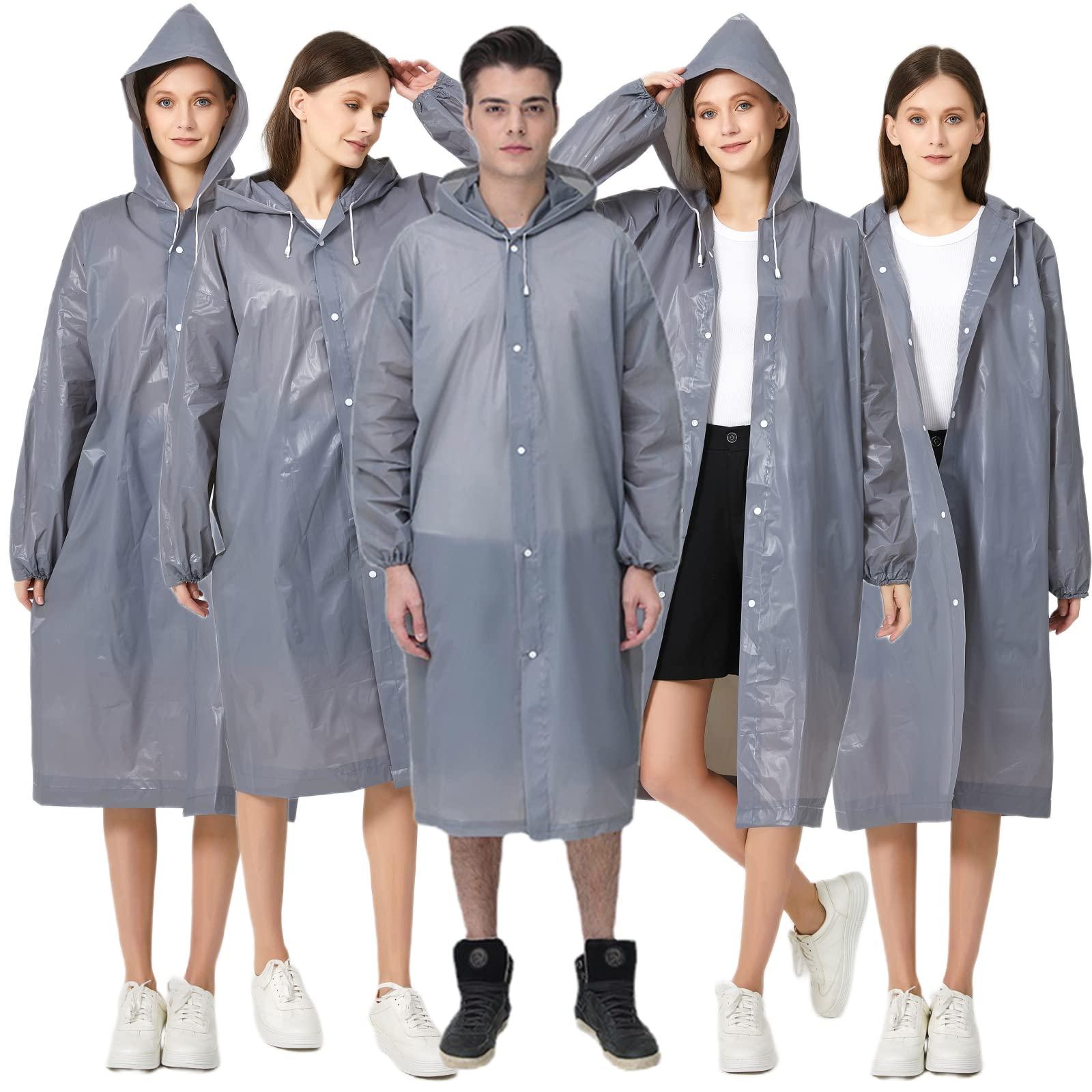 YUNLOVXEE YUNLOVXEE Rain Poncho Raincoats for Adult Reusable - 2-5 Pack EVA Waterproof Rain Coat with Hood, Rain Gear for Men Women (Grey x5)