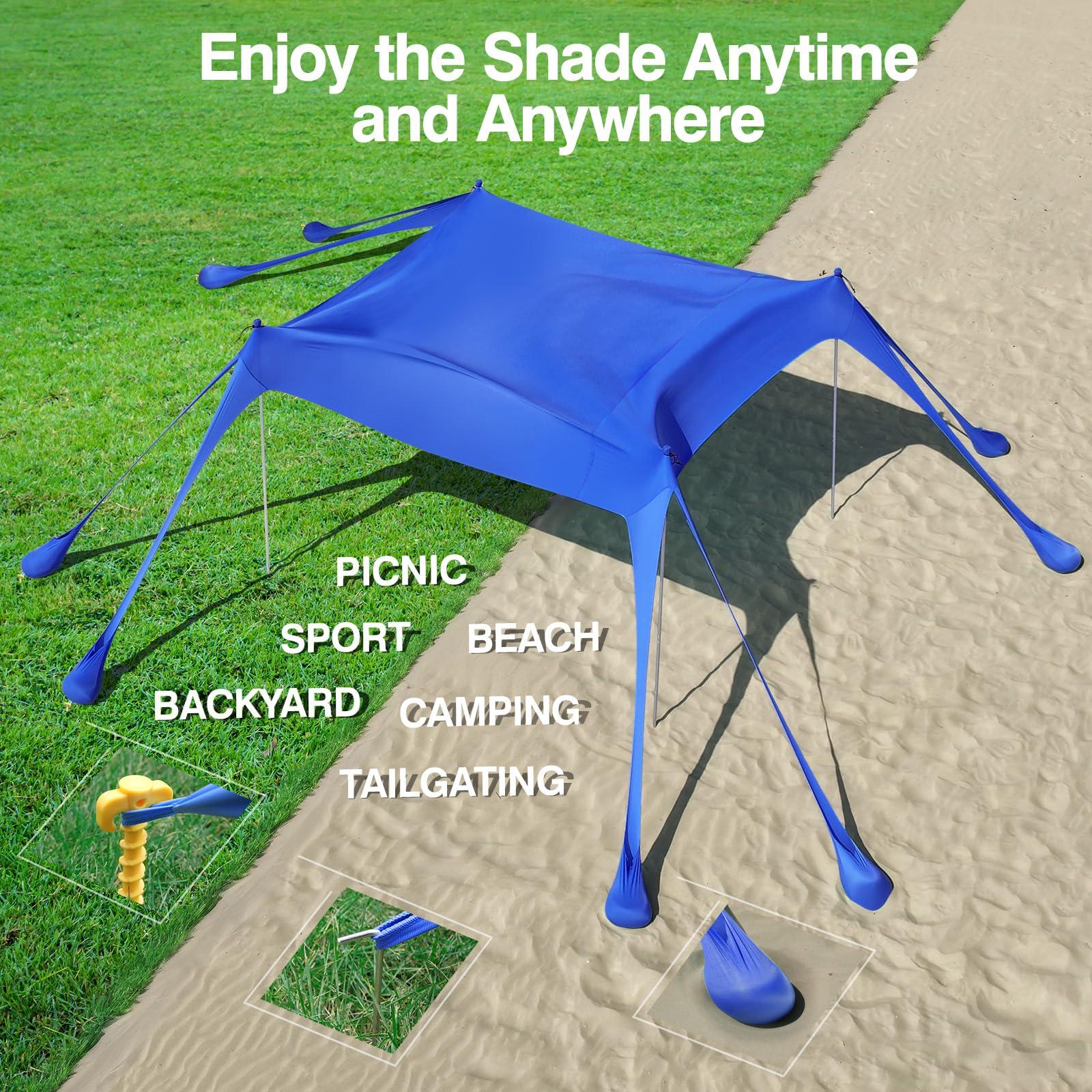 Rhino Valley Rhino Valley Beach Tent, 10 x 10 FT Beach Shade UPF50+ Protection, BeachCanopy with 8 Sandbags 4 Stability Poles, Outdoor BeachTent Sun Shelter Umbrella for Sand, Camping, Fishing Essentials, Indigo