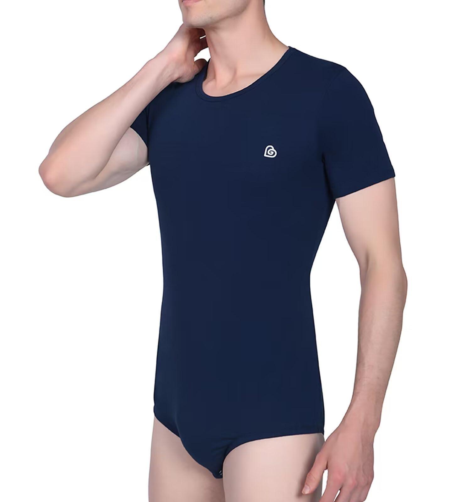 Landofgenie Landofgenie Adult Onesie for Men One Piece Pajama Tops Crotch Snaps Bodysuit Short Sleeve Romper Navy Blue 2XL