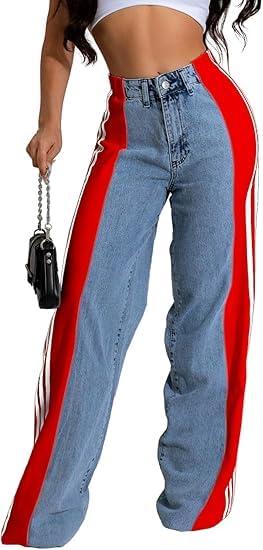 YCHUNHUI YCHUNHUI Women's High Waisted Two Tone Jeans Block Floor Length Wide Leg Denim Pants Patchwork Stripes Jeans Trousers (Blue and Red,Small)
