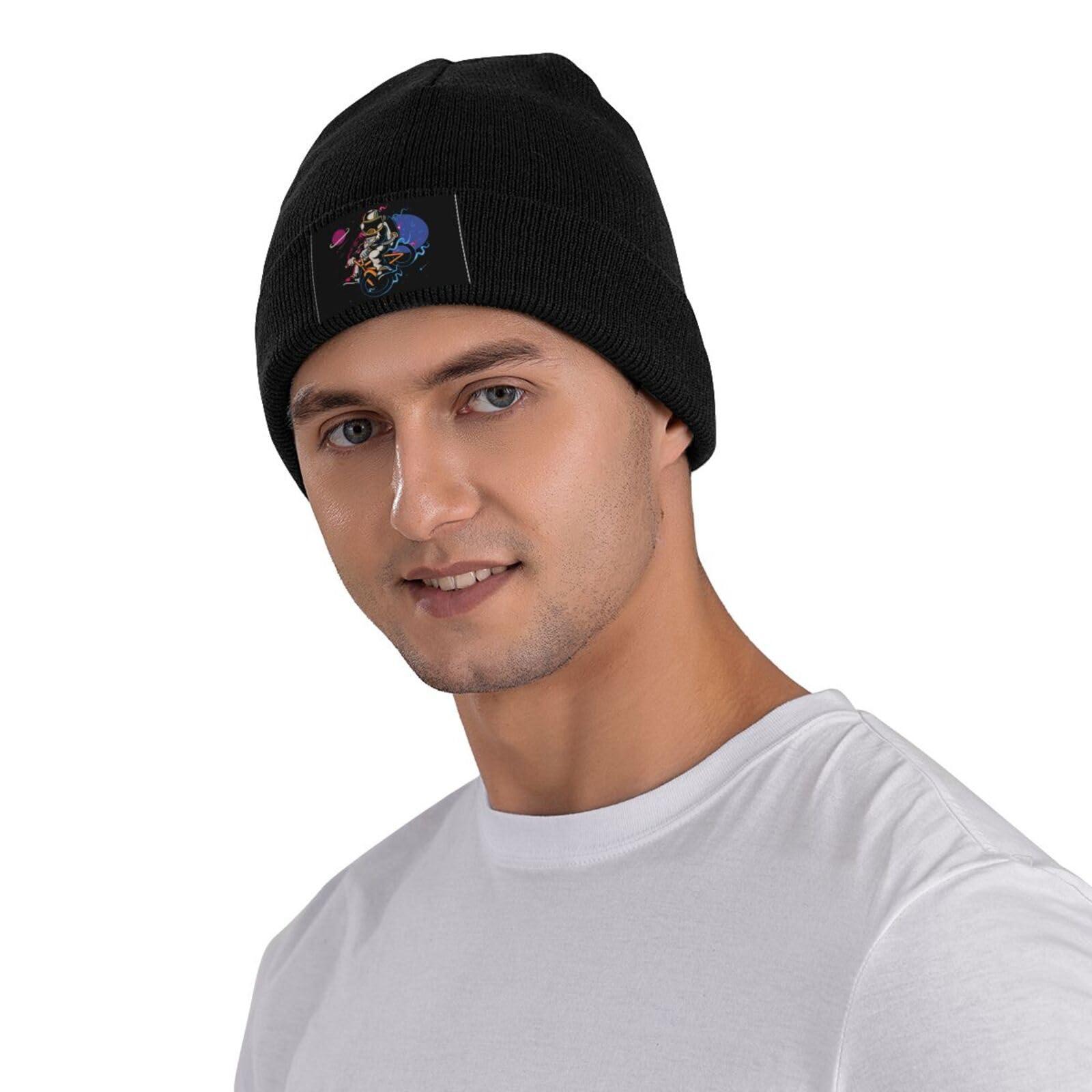 QIZYOQA Astronaut Riding A Bicycle On The Moon Beanie Hat for Men Women Winter Warm Knit Cuffed Skull Cap Black