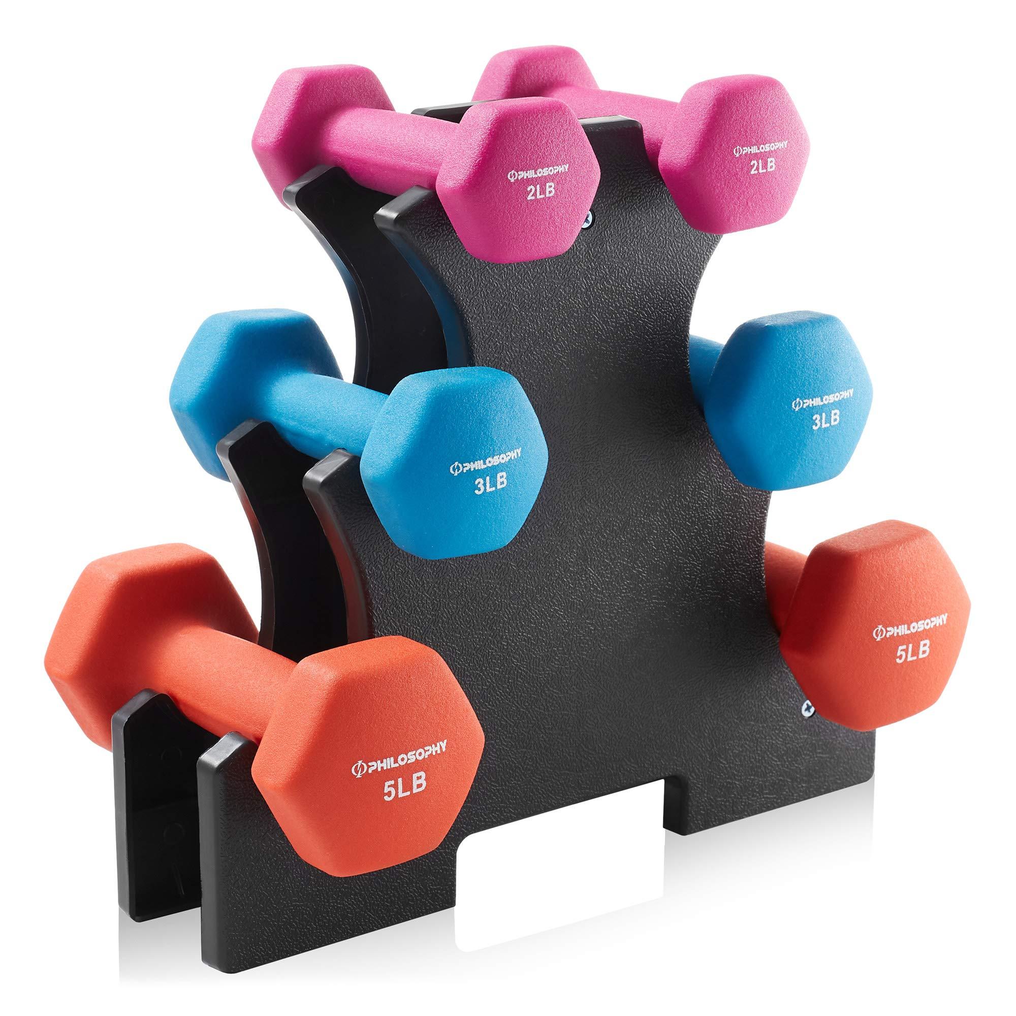 Philosophy Gym Philosophy Gym Neoprene Dumbbell Hand Weights with Stand, 20 lbs (2 lb, 3 lb, 5 lb Pairs)