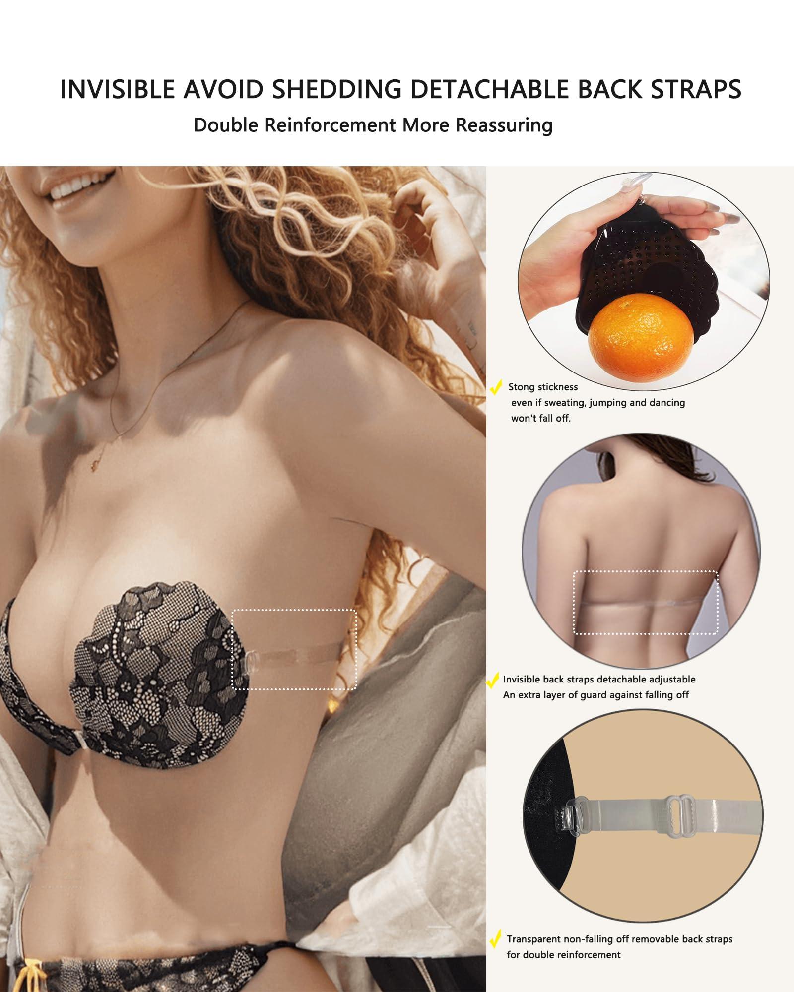 Kelivy Adhesive Bra Push up Strapless Sticky Invisible Upgrade Lace Bras for Women Dress Backless with Detachable Strap Nipple Cover